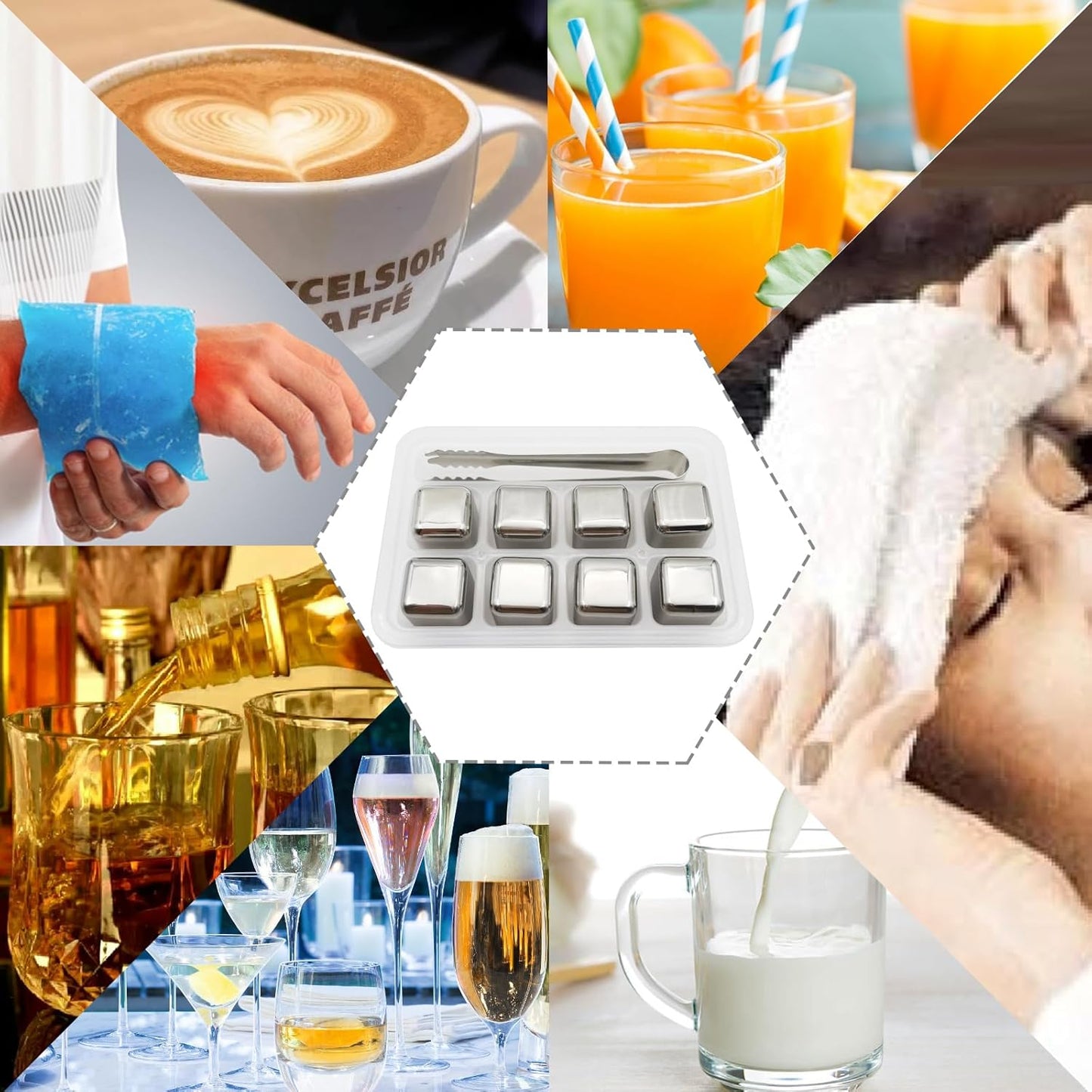 8 pcs Stainless Steel Ice Cubes for Drinks, Reusable Stainless Wine Ice Tong for Whiskey, Vodka, Soda, Wine, Beverage Juice Father's Gifts