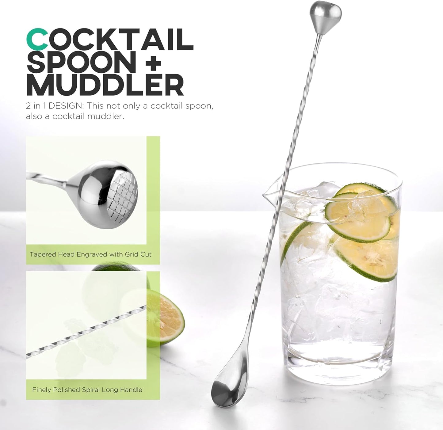 Homestia Muddler Bar Spoon, 12 Inch 30cm Long Handle Drink Stirrer, Stainless Steel Bar Cocktail Mixing Spoons with end Muddler for Cocktail Stirring Weighted Teardrop (Silver)