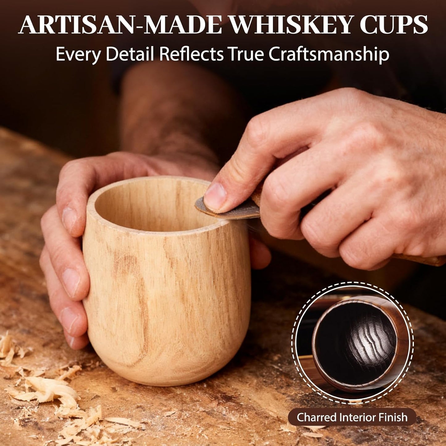 2 Pack Charred Wooden Bourbon Drinking Glass – Handcrafted Bourbon Tumblers with Burnt Interior – 10oz Old Fashioned Wooden Whiskey Glass– Unique Whiskey Gifts for Men, Dad, Husband, or Brother