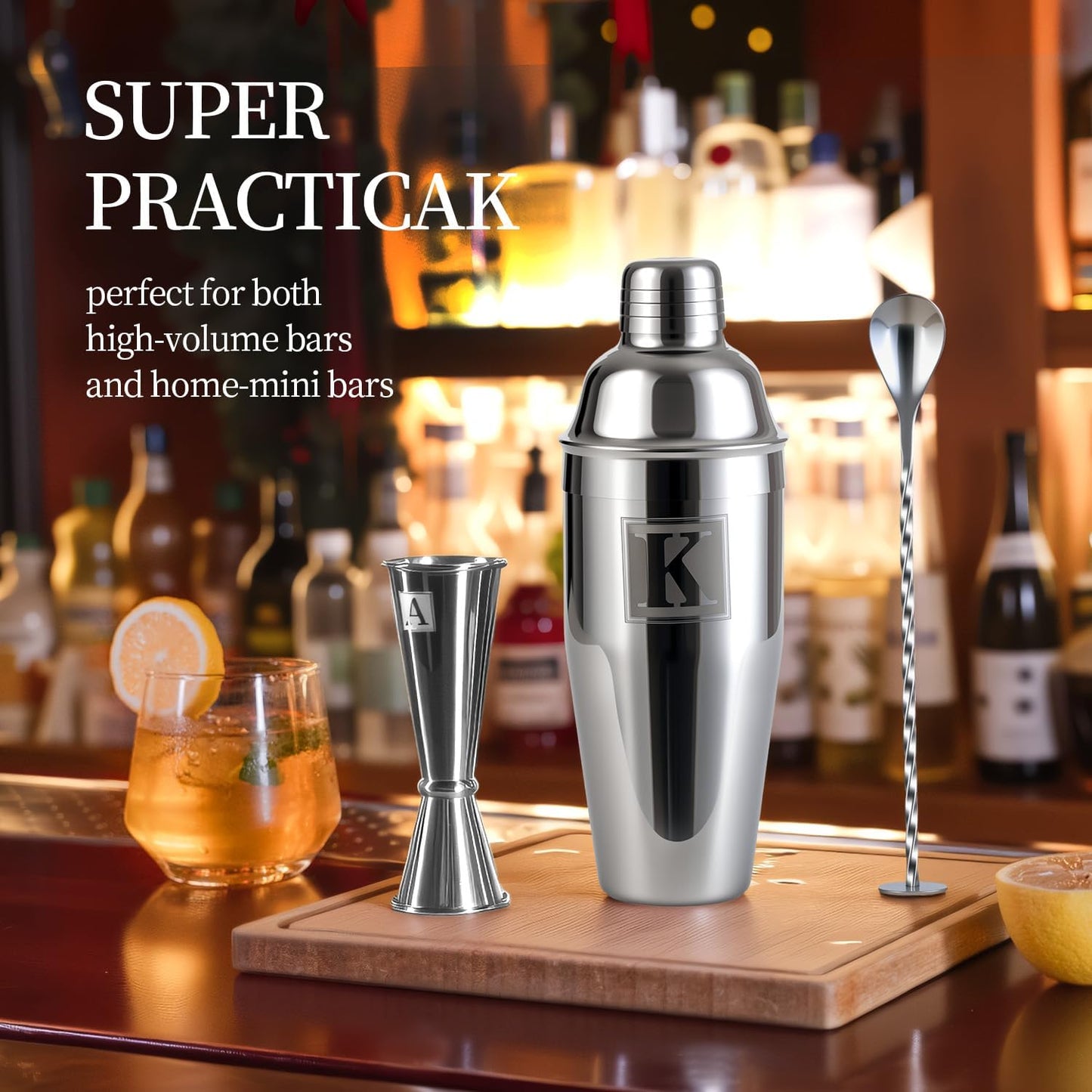 24oz Cocktail Shaker Set with 1 oz 2oz Jigger - Monogramm Initials Martini Shaker Set - 304 Stainless Steel Bar Shaker for Margarita,Mojito-Personalized Gift for Friend,Husband-K