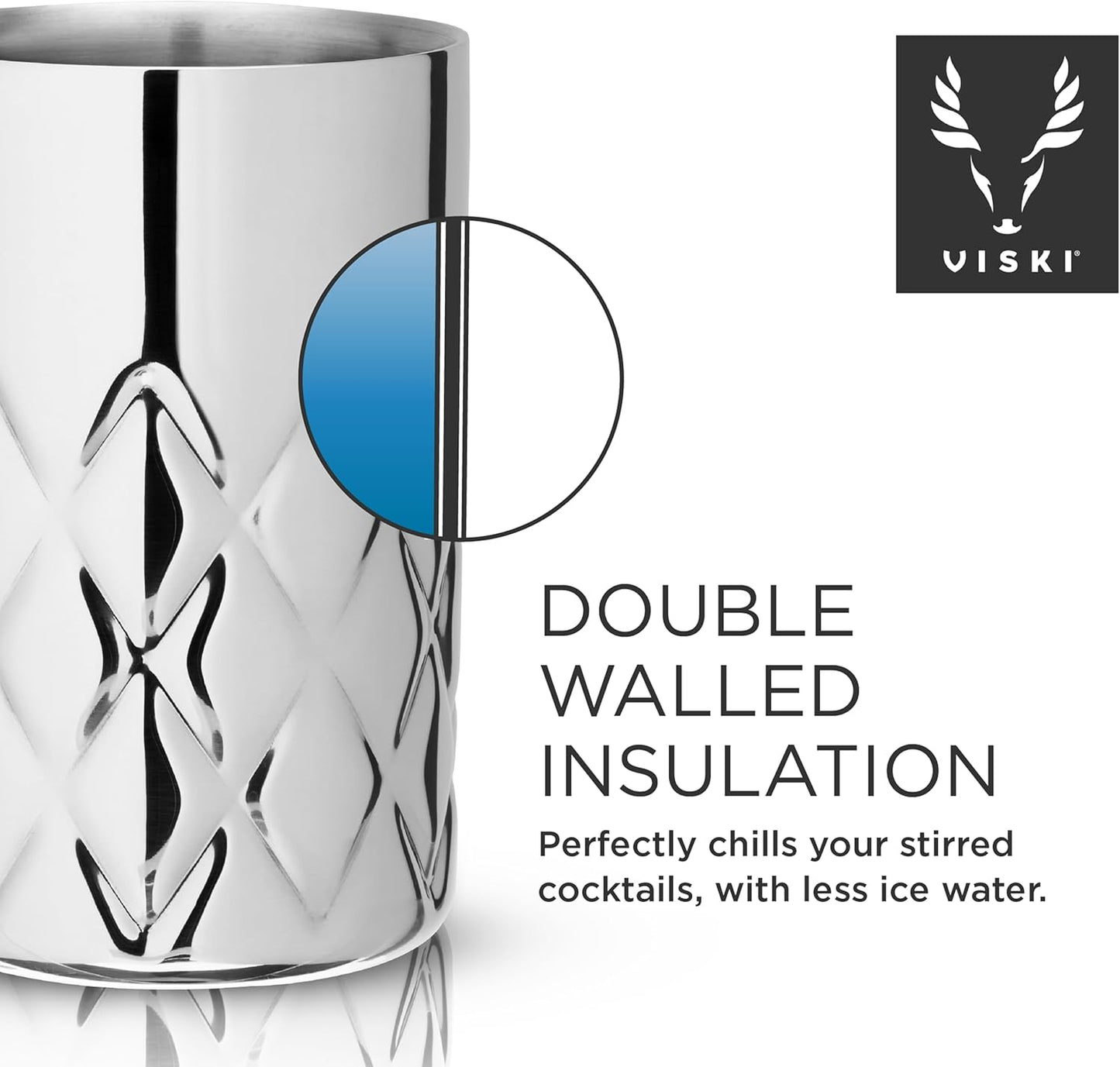 Viski Double Walled Stainless Steel Cocktail Mixing Glass, for Stirring Martinis, Negronis, and More, Ideal for Home Bars, Cocktail Parties, Hosting Occasions, or Gifting, 18.6 oz (550 ml), Set of 1