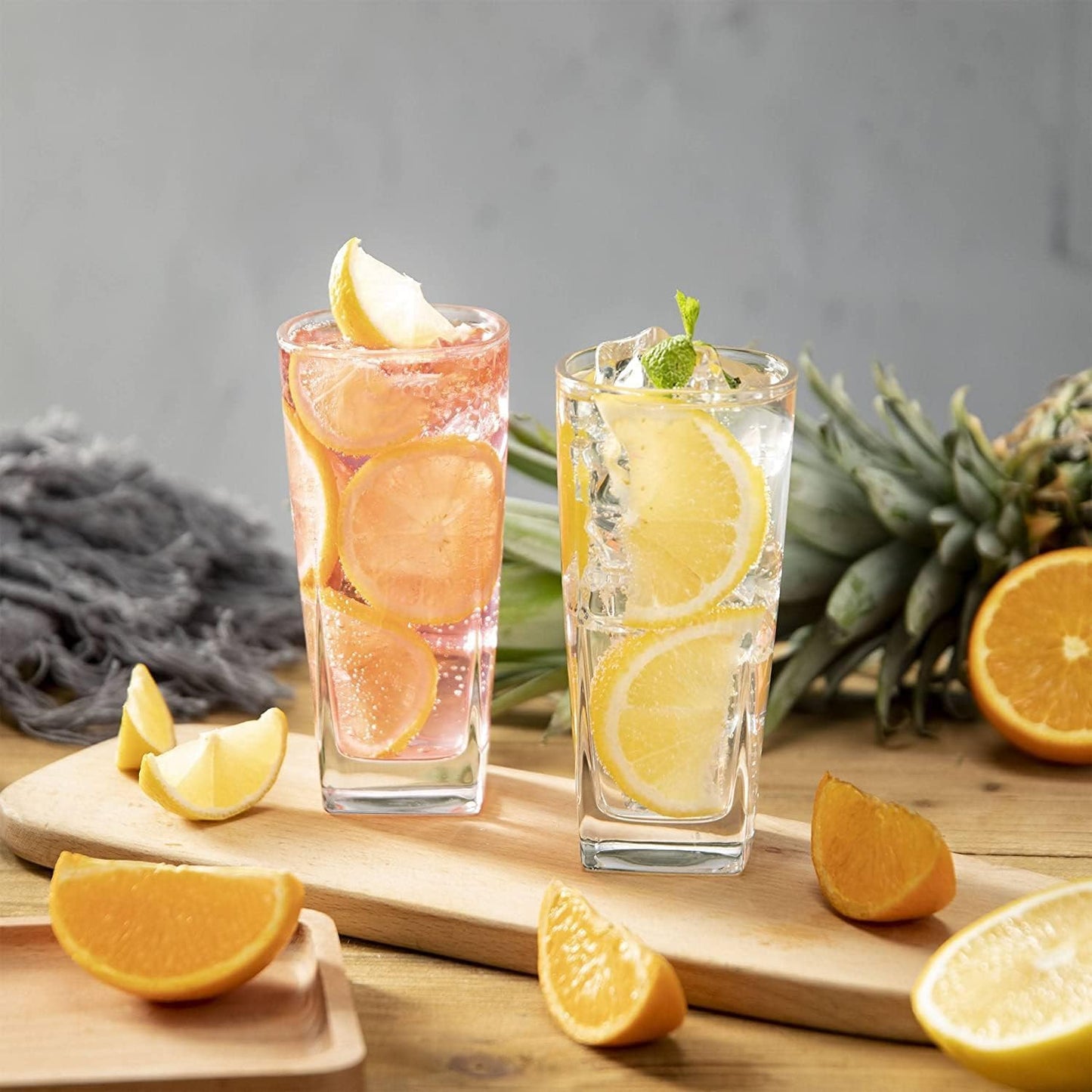 Le'raze Set of 4 Everyday Drinking Glasses - Square Tall Glass Cups Drinkware Kitchen Collins Glasses for Cocktail, Iced Coffee, Beer, Ice Tea, Wine, Whiskey, Water Glassware Sets