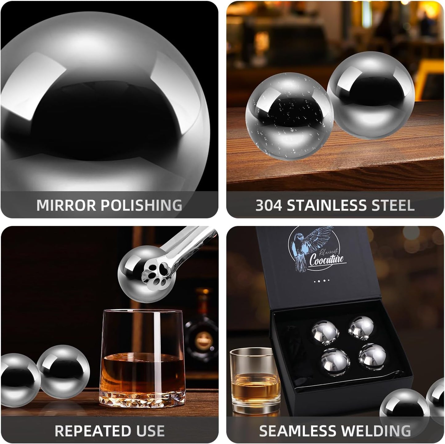 Whiskey Balls Set of 4 Reusable Stainless Steel Metal Ice Sphere Cubes Beverage Chilling Rocks Whiskey Stones Gifts for Men Him Husband from Wife