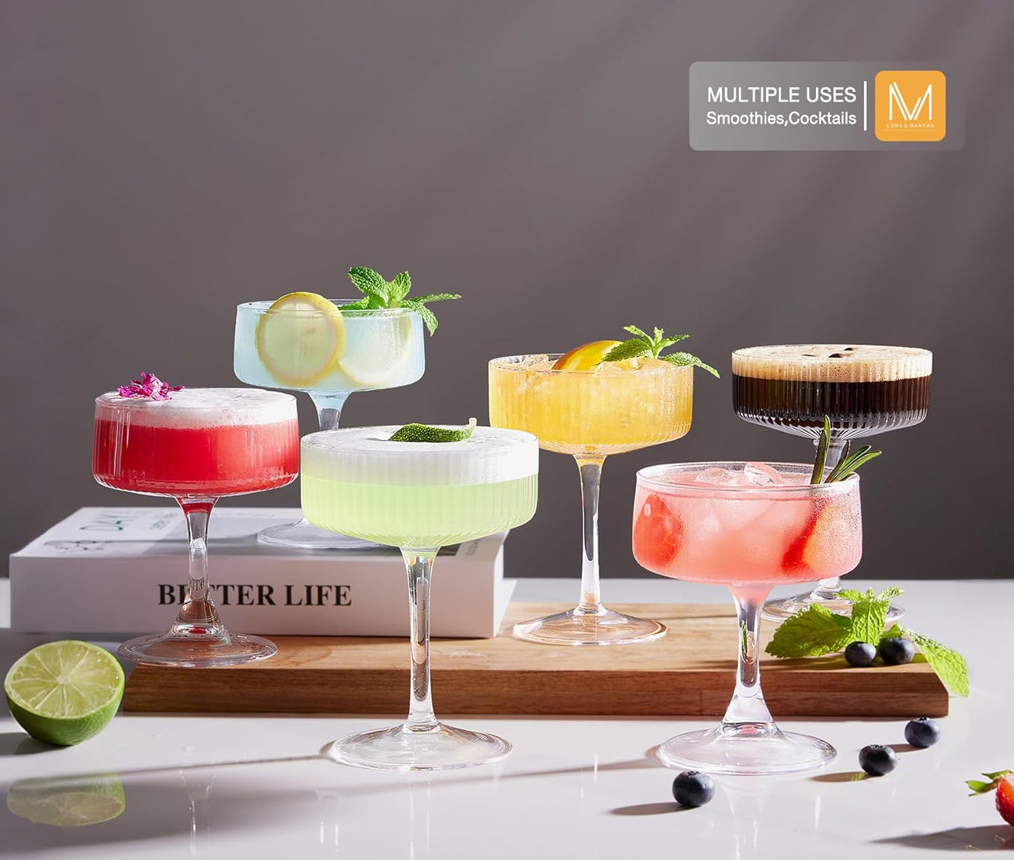LUNA & MANTHA Martini Glasses, Martini Cocktail Glasses for Margarita, Manhattan, Cosmopolitan, Espresso, Home Bar, Evening Parties, Birthdays, Housewarming Gift,Coupe Set of 4 10oz