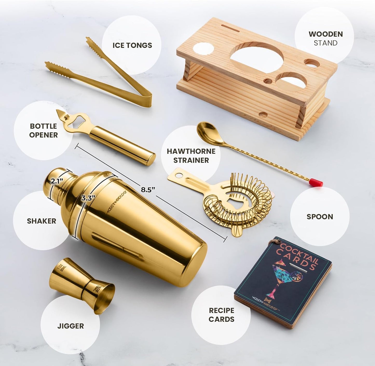 Modern Mixology Cocktail Shaker Set - Bartender Kit with Pine Stand | Leak-Proof Design | Includes Martini Shaker, Jigger, Strainer, Spoon, Tongs | Perfect Bar Tools Gift for Home Mixology (Gold)