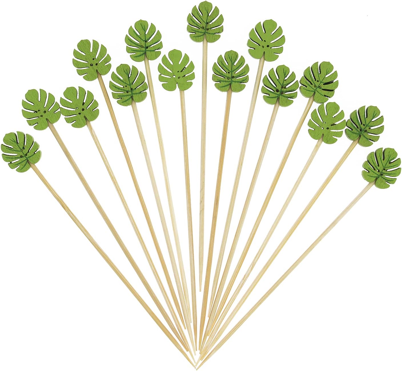 Minisland Green Monstera Leaf Cocktail Picks, 5 Inch Long Bamboo Fancy Toothpicks for Appetizers, Decorative Summer Tropical Hawaiian Party Food Drinks Garnish Fruit Skewer Sticks 100 Counts -MSL174