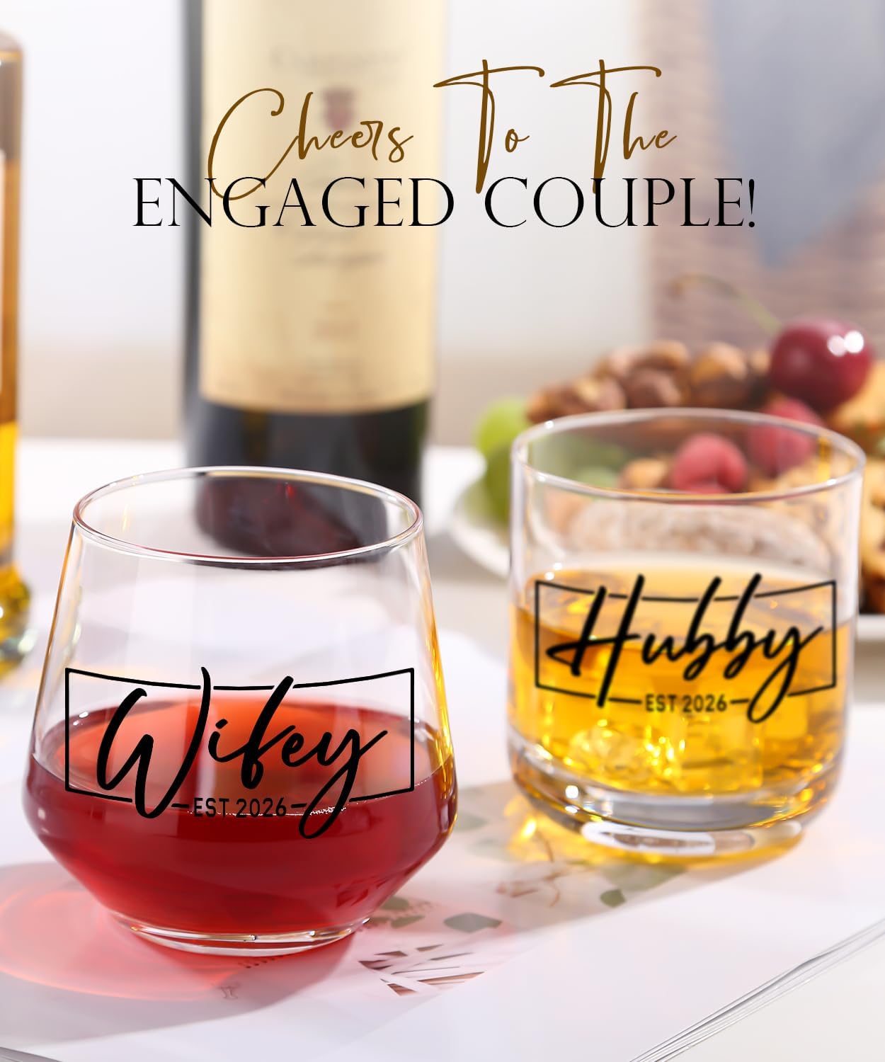 comfit Wedding Gifts for Couples 2026,Bridal Shower Gifts, His and Hers Gift,Whiskey Wine Glasses with Diamond Wine Stopper Set，Anniversary Christmas Gift for Couples，Hubby and Wifey