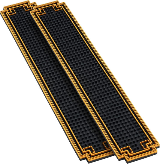 Drydiet 2 Pcs 24 x 4 Inch Bar Mat Non Slip Rubber Mat with Gold Border Durable Stylish Spill Cocktail Service Coffee Mats for Restaurants Barbershop Clippers Bartending, Black