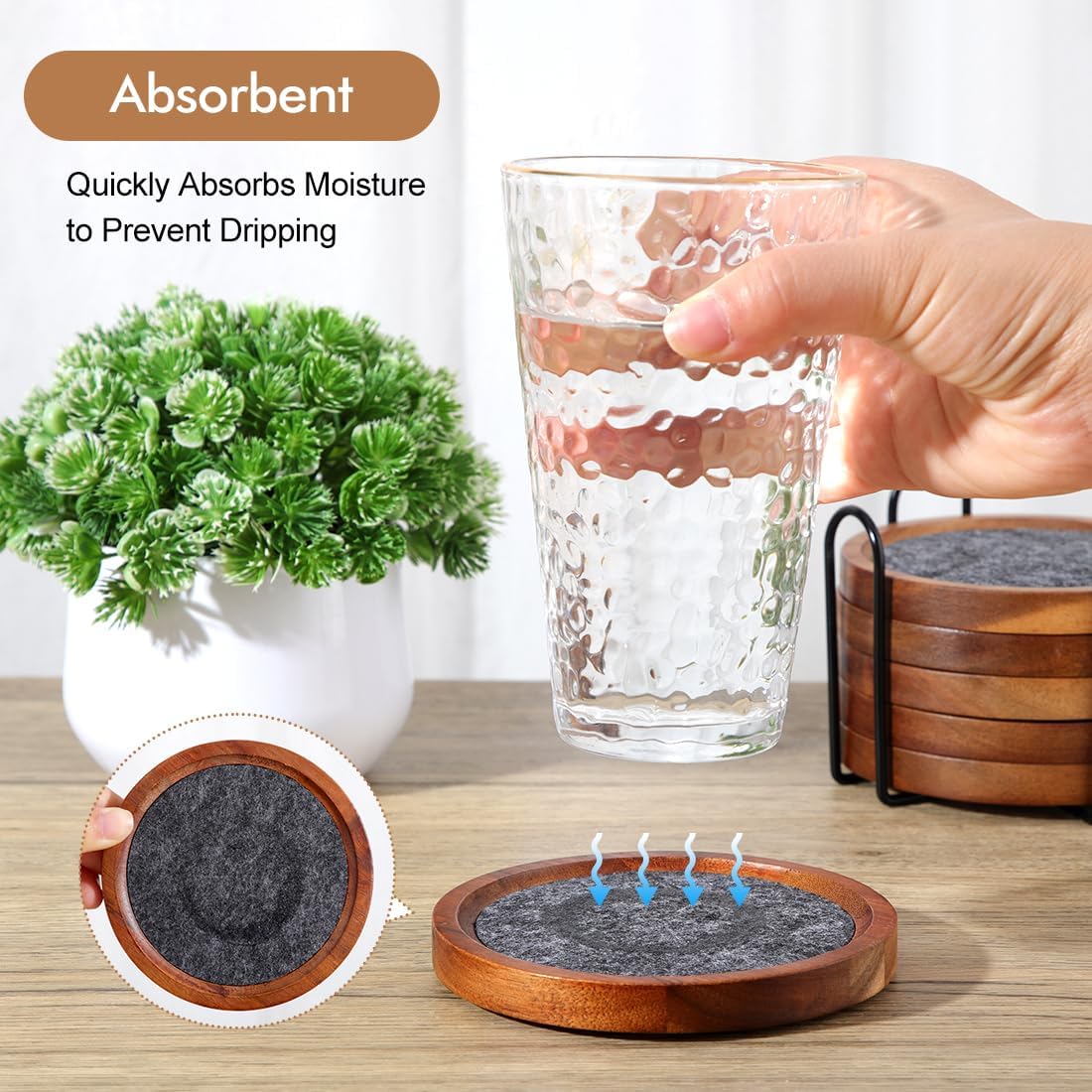 Acacia Wood Coasters for Drinks, HALE OTEIR 4.13 Inch Felt Wooden Coasters for Coffee Table Absorbent Set of 6 with Holder, Natural Wood Stackable Reusable Coasters for Home Office Coffee Bar Table