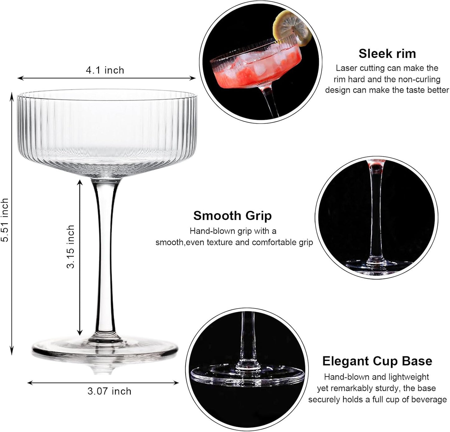 Handblown Crystal Coupe Glasses Set of 4, 9 oz Martini Glass Set with Stem, Elegant Cocktail Glasses for Bar, Margarita, Cosmopolitan, Manhattan, Gimlet, Unique Gift, Mother's Day