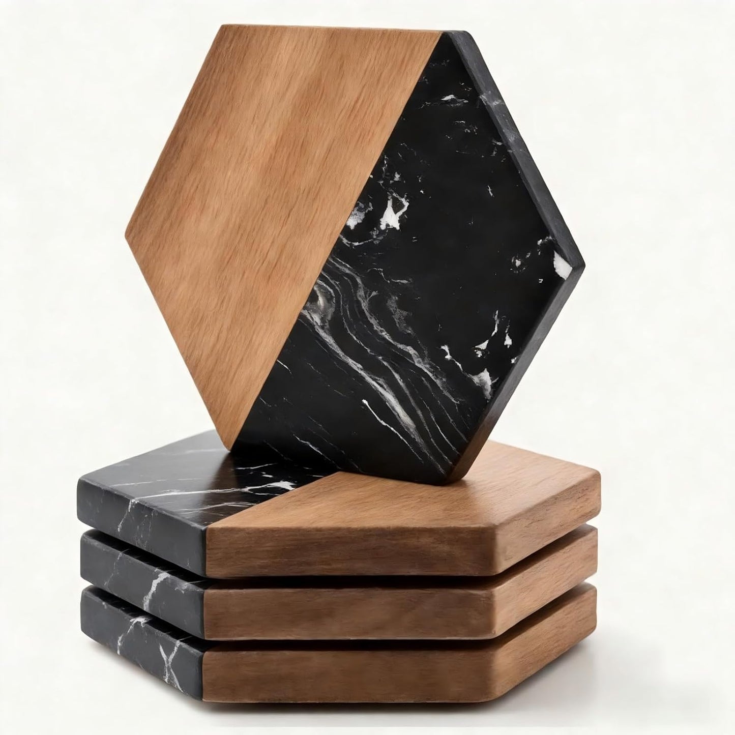 Marble Wood Coasters Set of 4, Fun & Cute Drink Coasters for Coffee Table, Coffee Bar Decor & Desk Accessories, Black