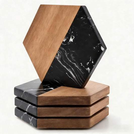 Marble Wood Coasters Set of 4, Fun & Cute Drink Coasters for Coffee Table, Coffee Bar Decor & Desk Accessories, Black