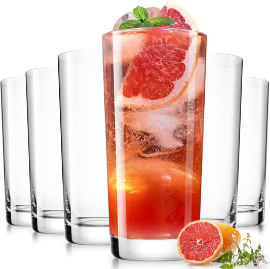 LUNA & MANTHA Drinking Water Glasses Set, Lead-Free Crystal Highball Glass, Tall Glass Cups for Cocktail Parties,Clear set of 6,16oz