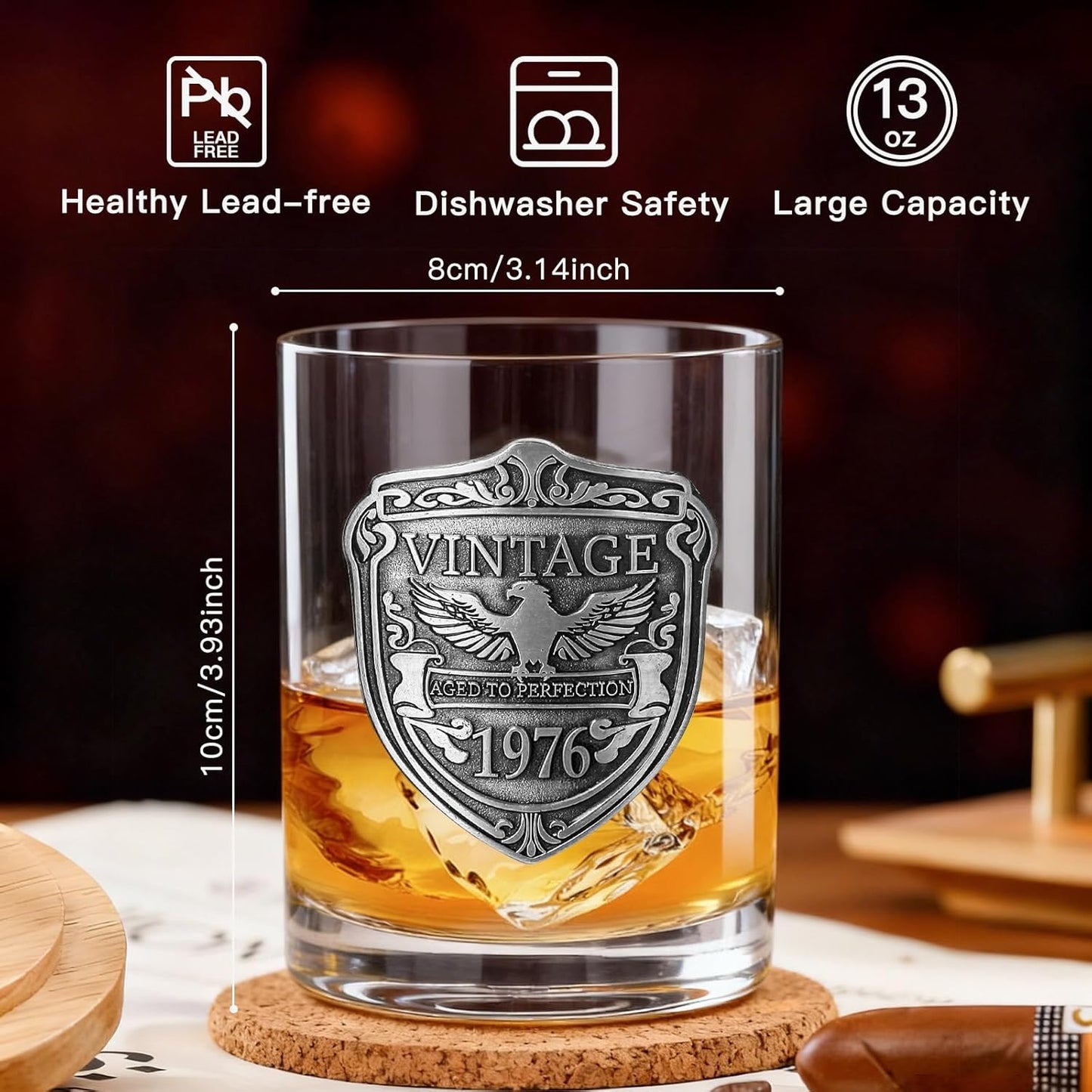 JOVGANK 50th Birthday Gifts for Men, Vintage 1976 Whiskey Glass Set for Whiskey Lovers, Anniversary Old Fashioned Rocks Glass Tumbler 13Oz- Bday Gifts Ideas for Him, Dad, Husband, Father's Day Gift