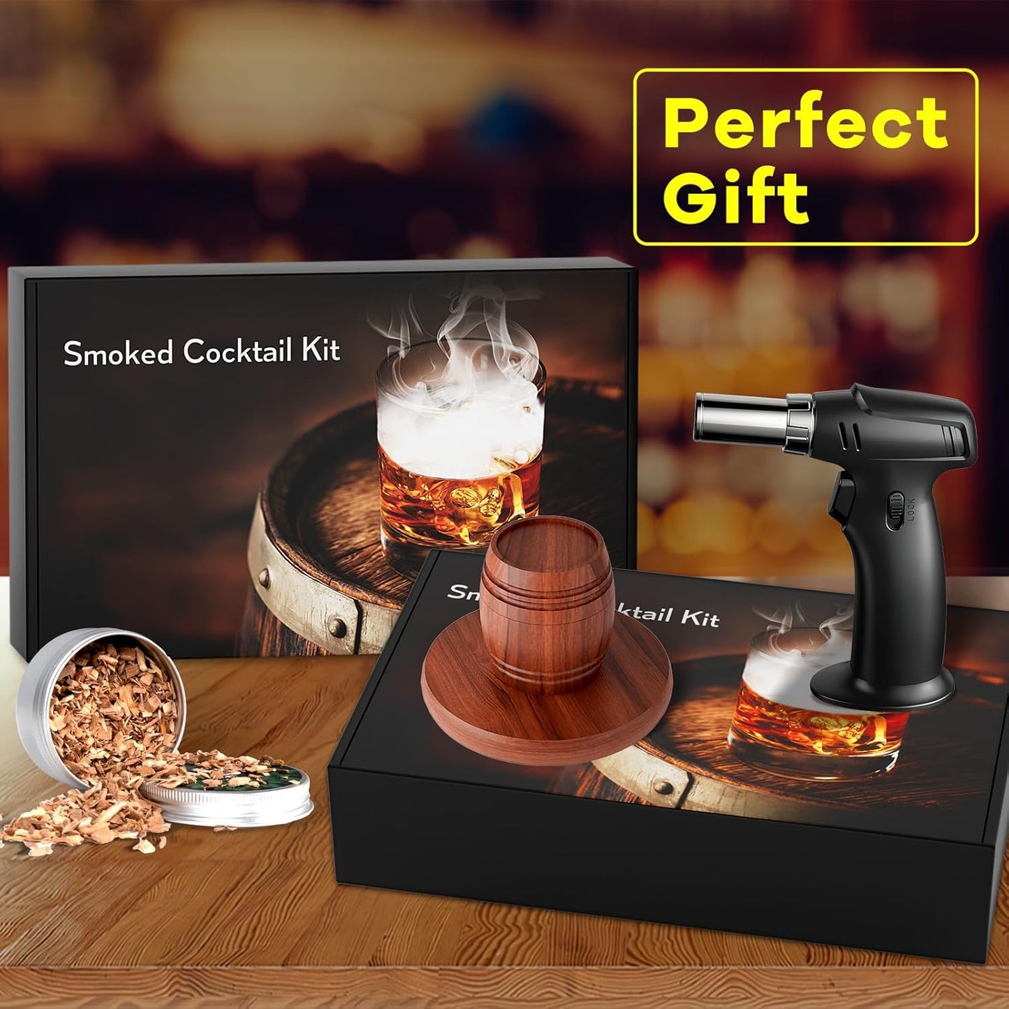 Whiskey Smoker Kit with Torch - 8 Flavors Wood Chips, 2 Glasses, 2 Ice Ball Molds - Cocktail Smoker Infuser Kit, Old Fashioned Drink Smoker Kit, Birthday Fathers Day Bourbon Gifts for Him, Men, Dad