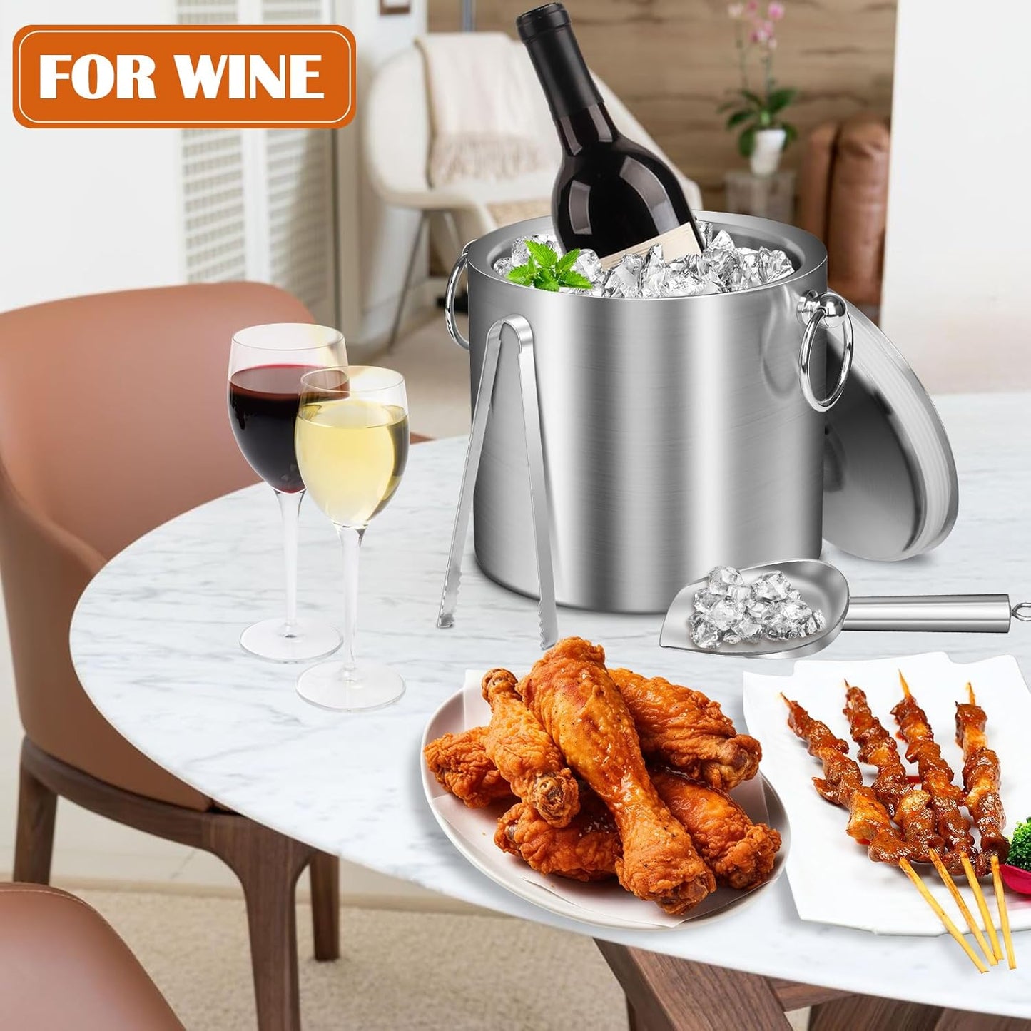 Ice Bucket with Lid & Tong- Well Made Insulated Stainless Steel Keep Ice Frozen Longer - Ideal for Cocktail Bar, Parties, Chilling Wine, Champagne - 3 Liter (Stainless Steel)