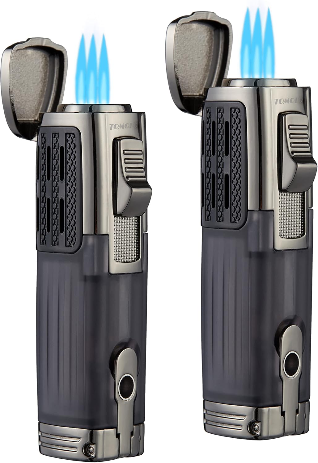 TOMOLO Cigar Lighter Triple Jet Flame Torch Lighter Refillable Butane Lighter with Cigar Punch, 2 Pack, Charcoal