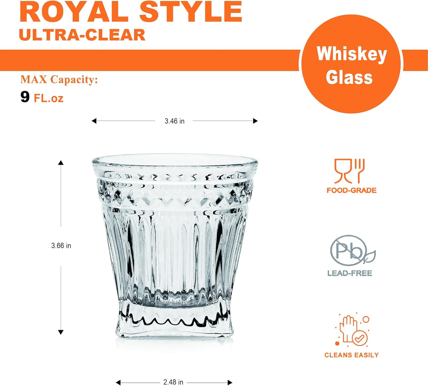 LUXU Whiskey Glasses(Set of 4)-9 oz Vertical Stripes Scotch Glasses,Premium Old Fashioned Glasses,Clear Crystal Bourbon Rock Glasses,Large Bar Glasses,Unique Glassware Tumblers for Cocktails