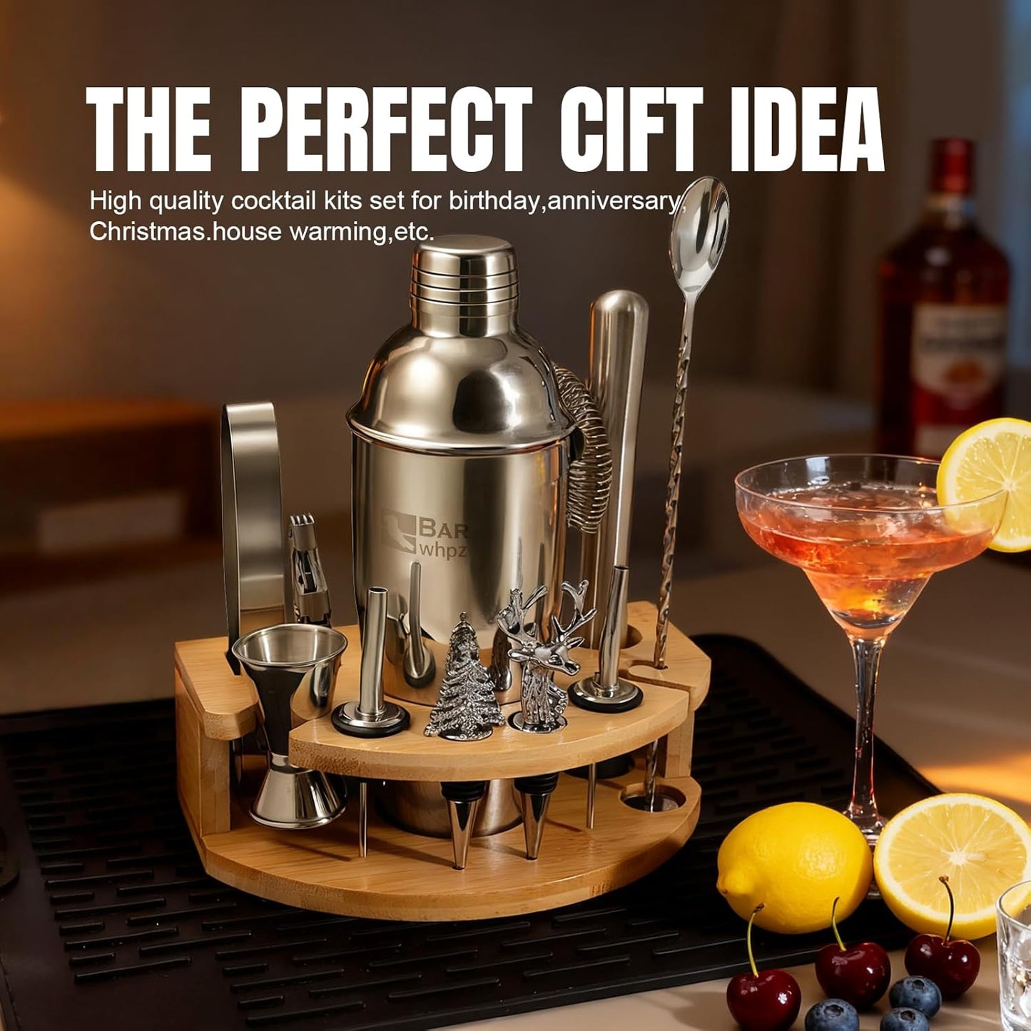 Silicone Pad Included Cocktail Shaker Set Bartender Kit,Mixology Bartender Kit 13-Piece with Bamboo Stand,Martini Shaker Kit with All Essential Accessory Tools for Drink Mixing Gift for him or her