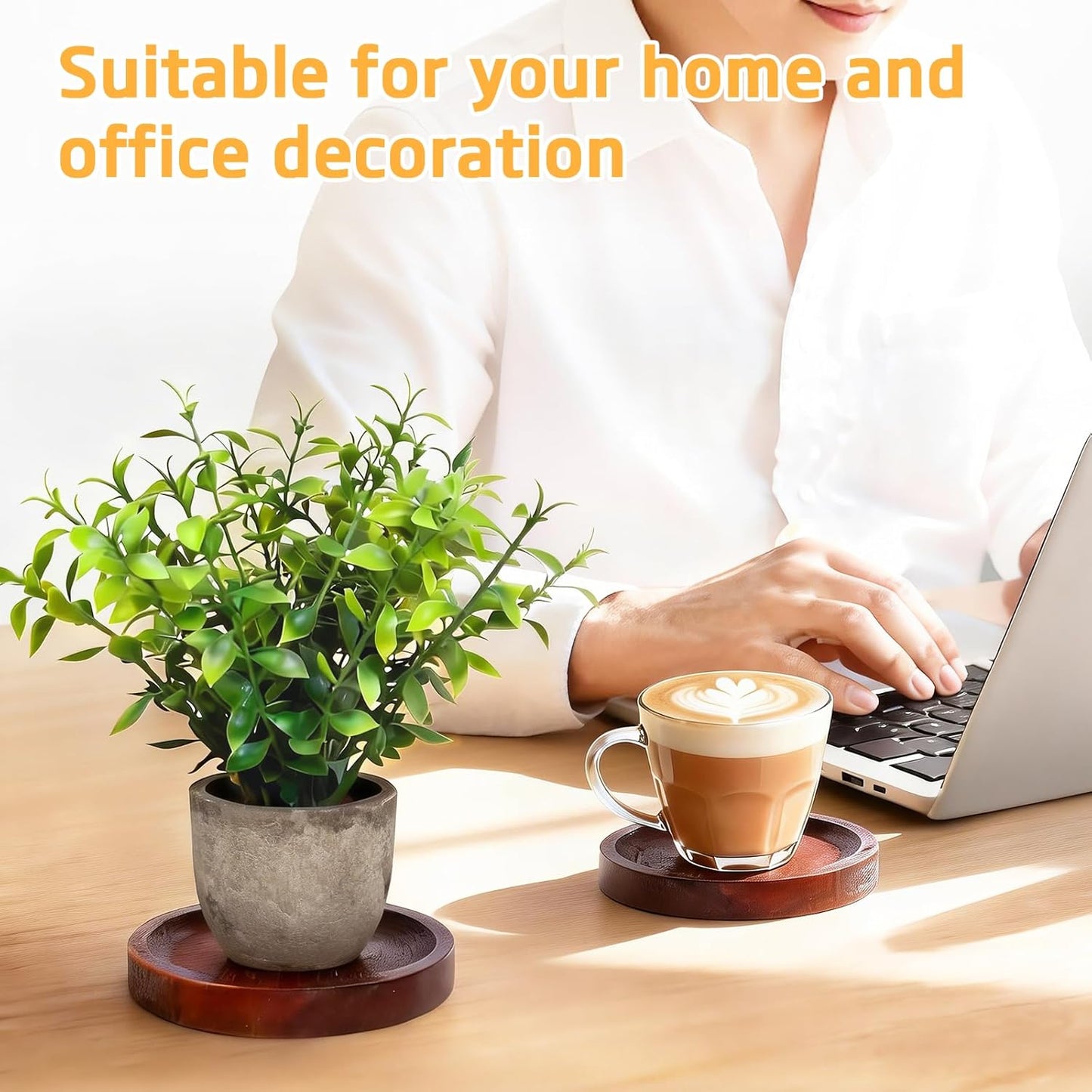 4 Pcs Wood Coasters for Drinks with Holder, Interchangeable Home Sign Green Plants Potted Wooden Coaster Set, for Farmhouse Office Bar Drink Coffee Coasters Table Decor.