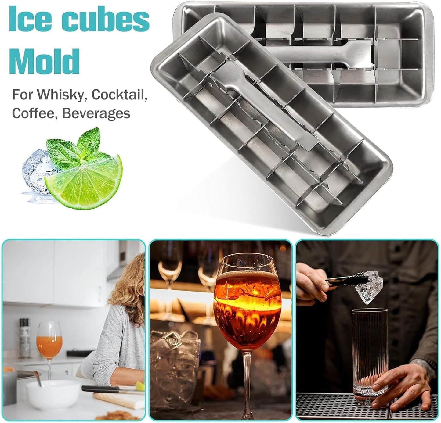 Stainless Steel & Metal Ice Cube Trays with Handle - 18-Slot Small Ice Cube Mold for Freezer, Detachable Dishwasher-Safe Ice Trays for Bars Kitchens
