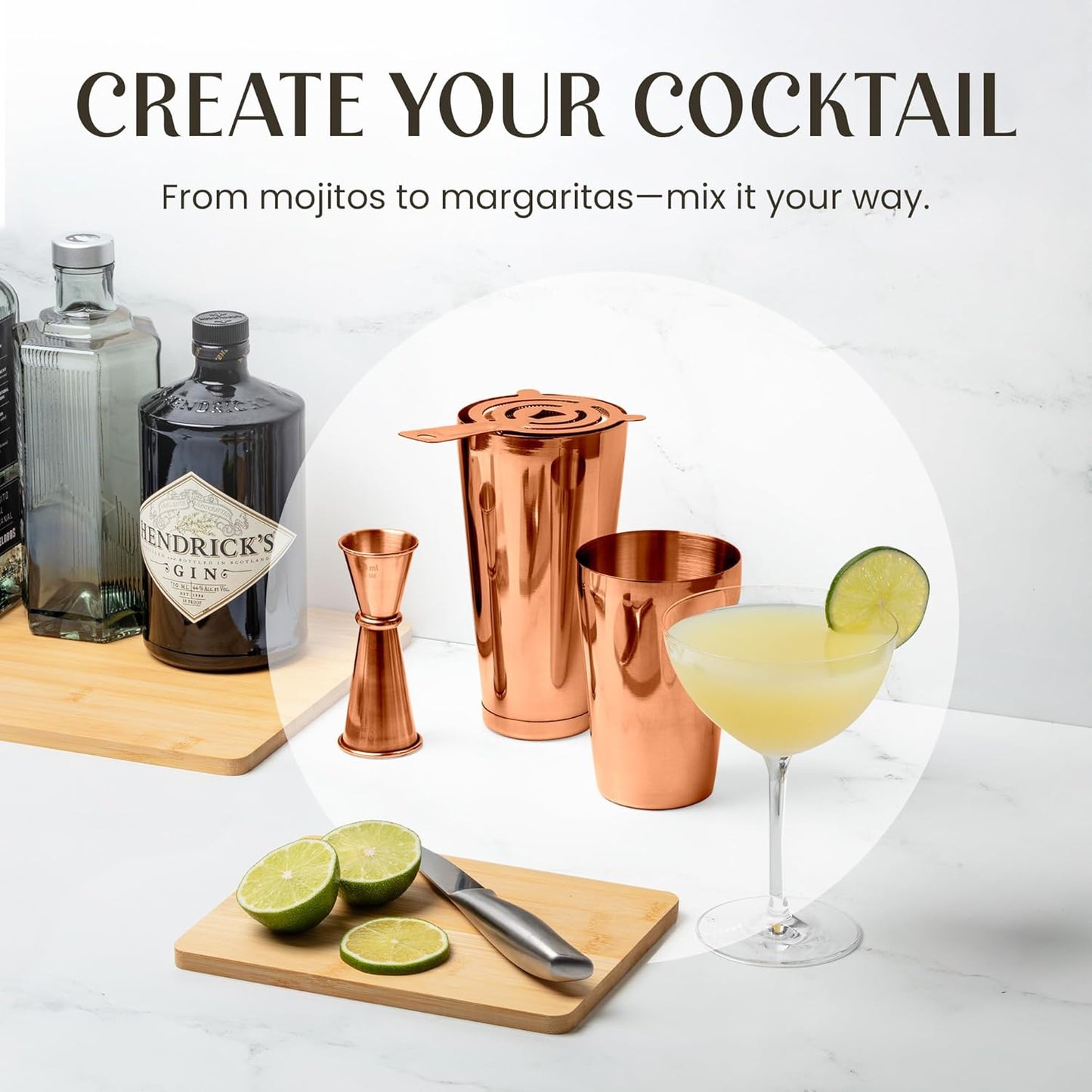 Mixology & Craft Boston Shaker Set with Weighted Martini Mixers, Strainer, Japanese Jigger, Leak-Proof Copper Finish, Exclusive Recipe Cards – Ideal Bar Tools Gift for Home Or Professional Use