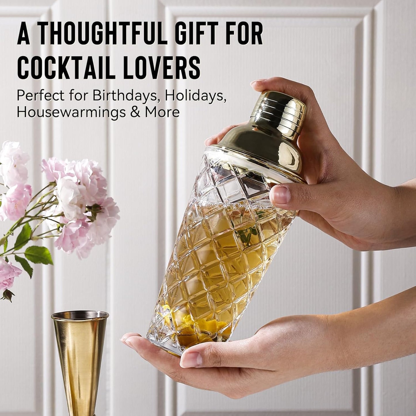 Cocktail Shaker Set with Coupe Glasses – 5-Piece Gift Set Includes Pineapple Glass Shaker with Gold Lid, Jigger, Bar Spoon & 2 Ribbed Gold-Rimmed Glasses – Bartender Kit for Home Bar