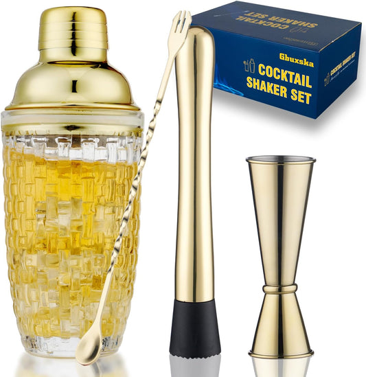 Gold Cocktail Shaker Set - Glass Cocktail Shaker with Strainer - Martini Shaker Set -Matching Cocktail Jigger & Bar Spoon with Muddler – Bartender Kit for Home Bar