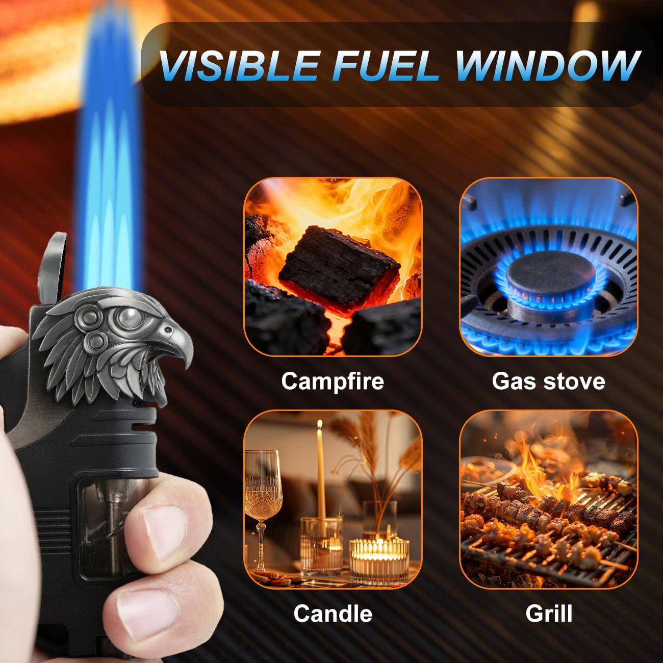 Torch Lighter, Triple Jet Flame Butane Refill Small Torch Lighters, Adjustable Flame Mini Pocket Torch Windproof Lighters with Metal Eagle-Head Decoration, Black (Without Fuel)
