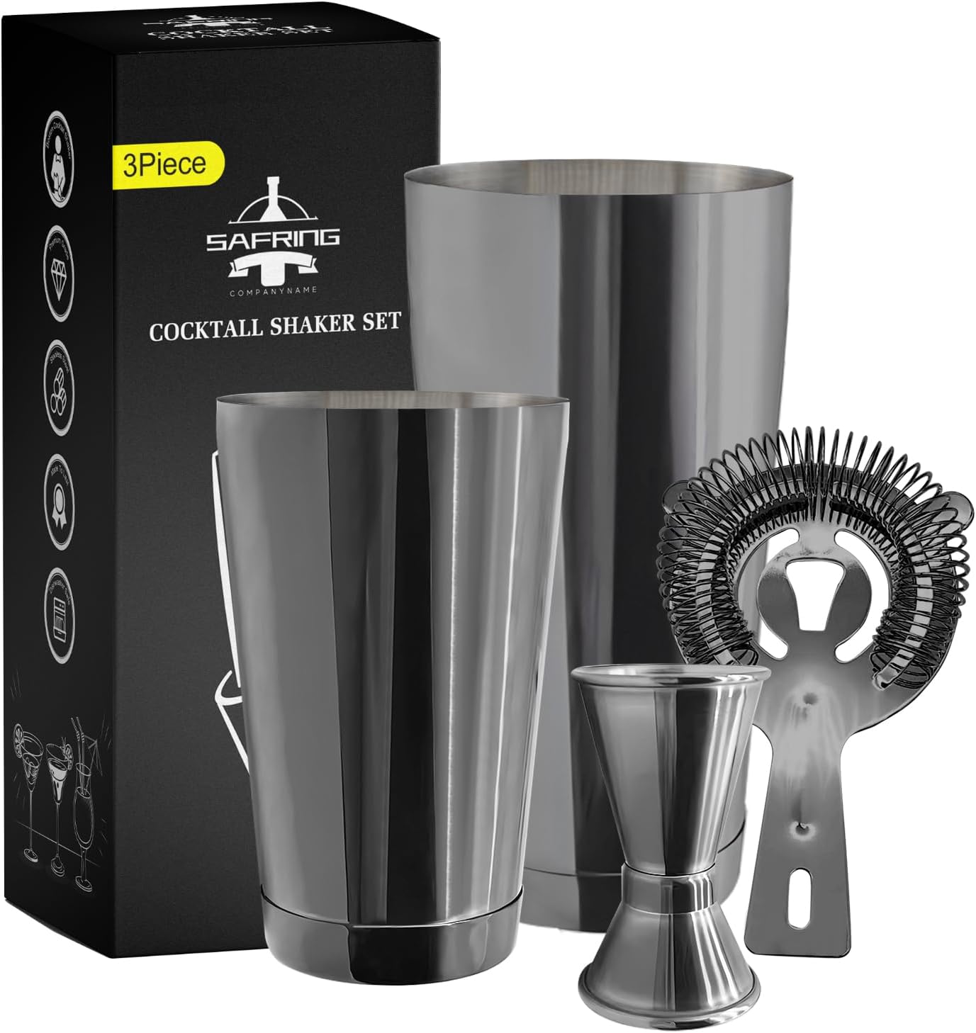 Safring Boston Cocktail Shaker Bar Set, Weighted Boston Shaker Tins, Bartender Kit with 18oz & 28oz Mixed Drink Shaker, Hawthorne Strainer, Double Measuring Jigger - Black