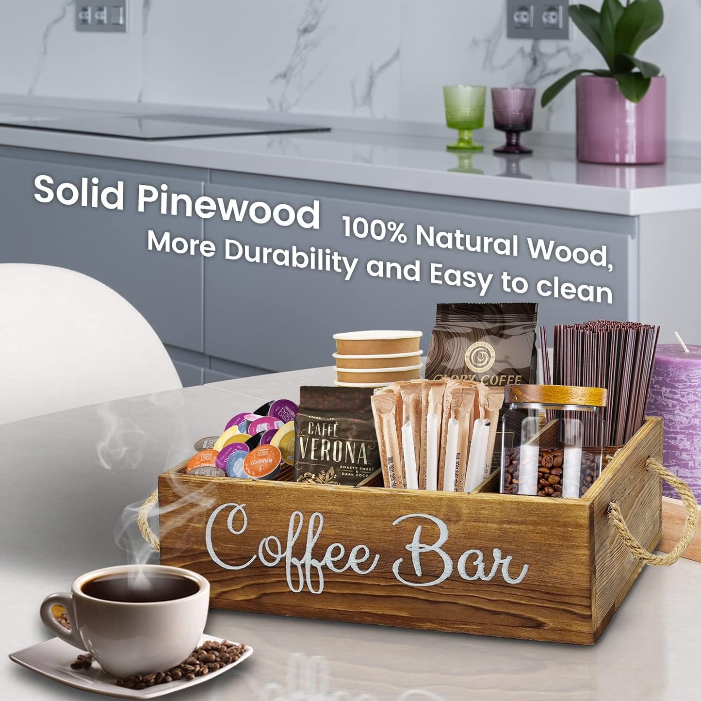 QUALLON Coffee Station Organizer with Small Removable Dividers, Wooden Coffee Bar Accessories Storage For Countertop, Farmhouse Kcup Coffee Pod Holder Basket With Handle For Coffee Lover