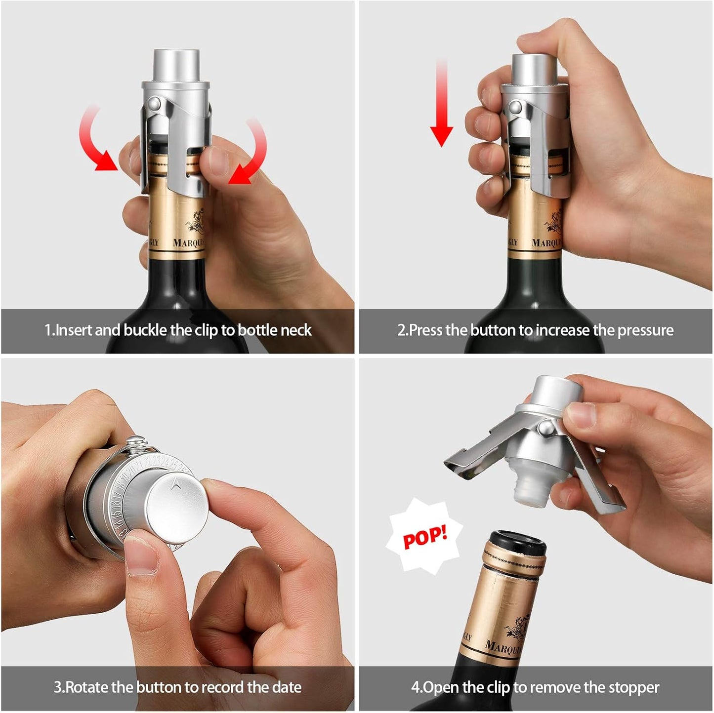 HYZ 3-Pack Champagne Stoppers Wine Saver, Sparkling Wine Vaccum Stoppers with Built-in Pump for Champagne, Prosecco and Cava - Stainless Steel + ABS Champagne Bottle Stoppers, Rose Gold/Gold/Silver