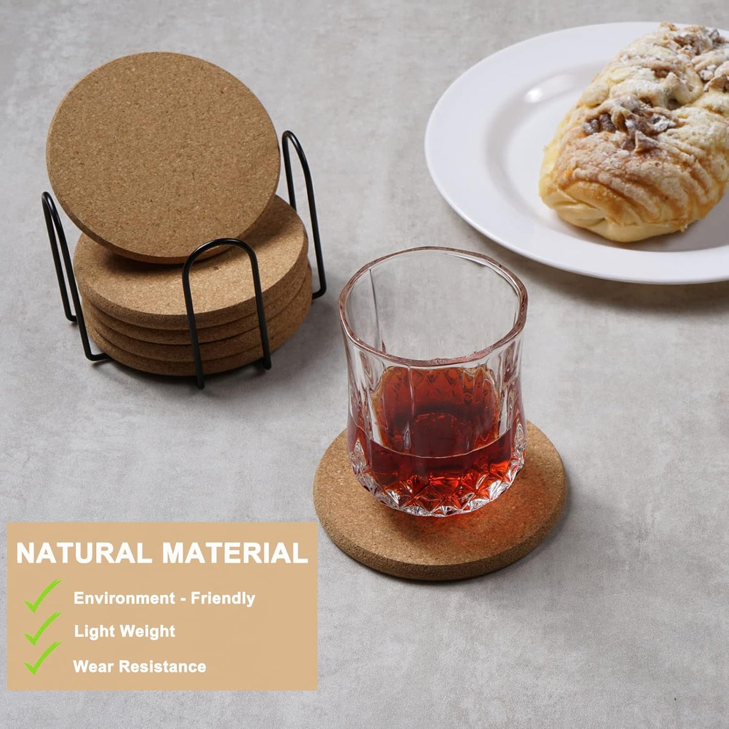 8 Pcs Drink Coasters with Holder, Thicker Cork Coasters for Drinks Absorbent for Coffee Table Wooden Coaster Set Tabletop Protection Cup Mat Bar Kitchen Living Room House Home Decor Housewarming Gift