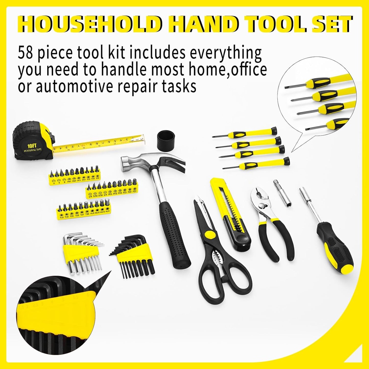 58-Piece Yellow Tool Kit | Basic Home Repair & General Household Hand Kit | Small Tool Set with Plastic Storage Toolbox for Home, Office, College & DIY Repairs