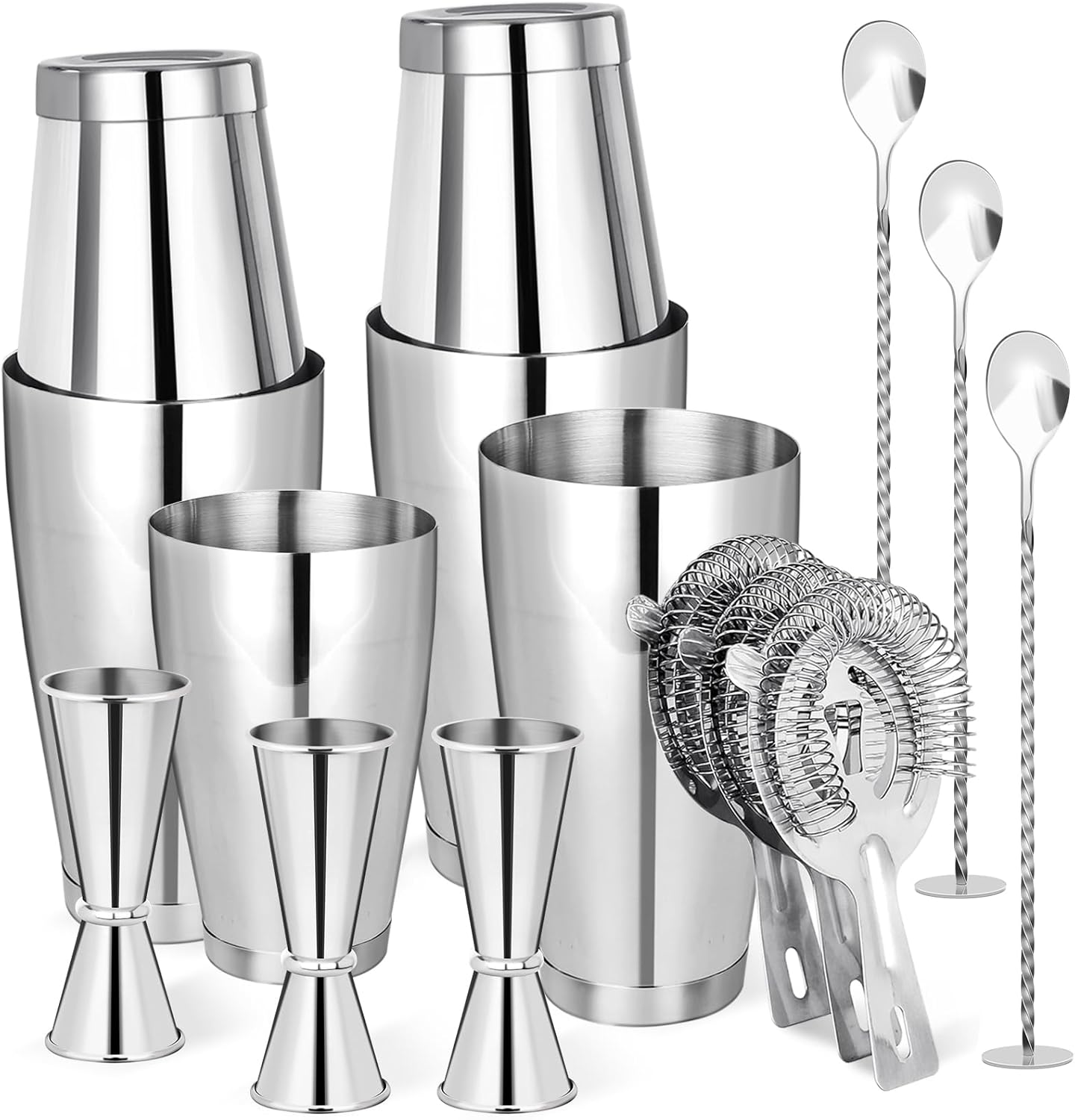 Mwellewm Cocktail Shaker Boston Shaker Set 15 Pcs Professional Bartender Kit Bar Shaker Stainless Steel Drink Shaker Bartending Martini Shaker Tin Mixed Alcohol Shaker Tool for Beginner(Silver)