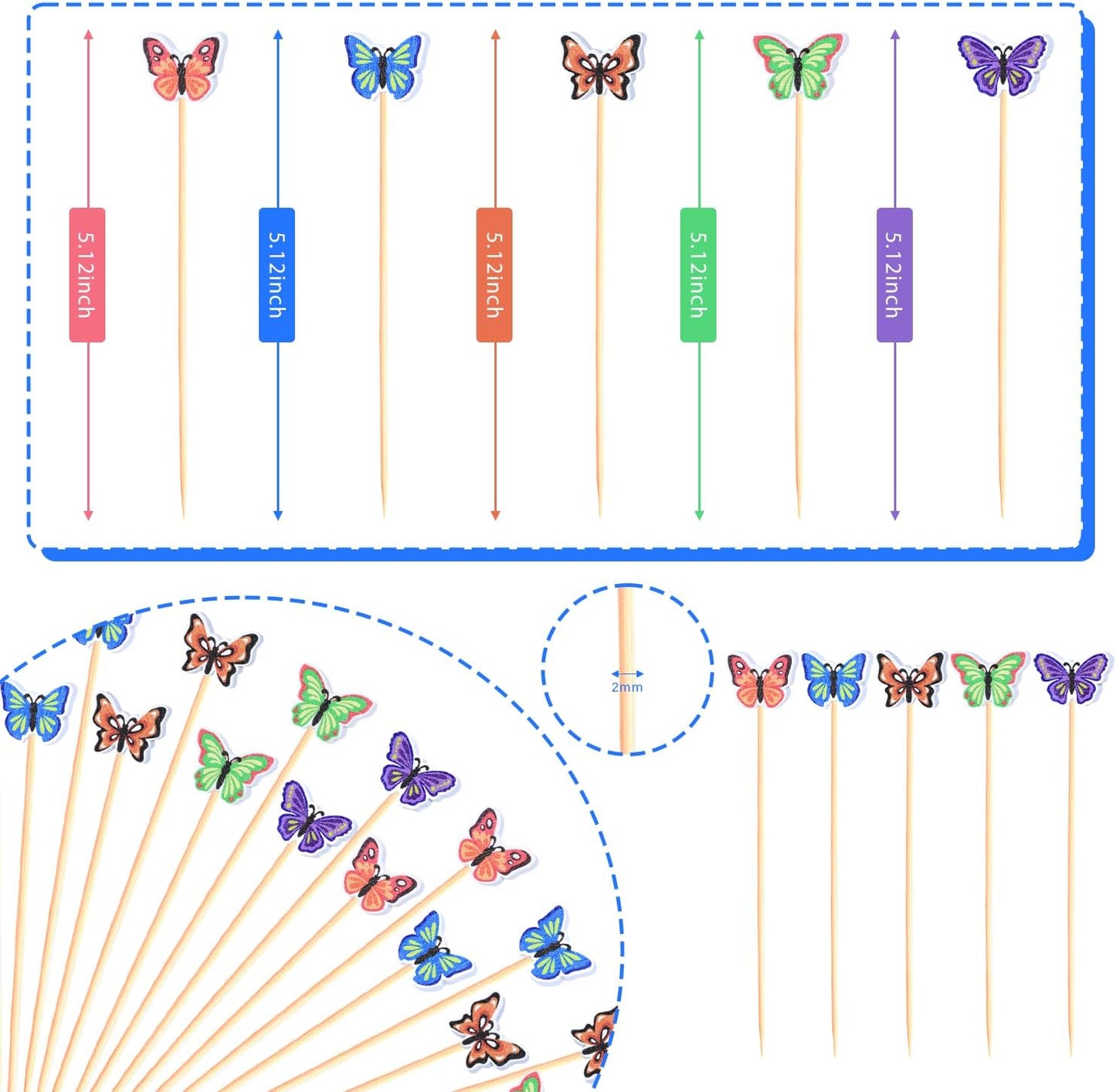 100Pcs Butterfly Cocktail Picks 5 Color Pattern Butterflies Theme Decor Toothpicks Sticks Skewers for Appetizer Charcuterie Food Sandwich, Girls Birthday Fairy Spring Decorations Themed Party Supplies