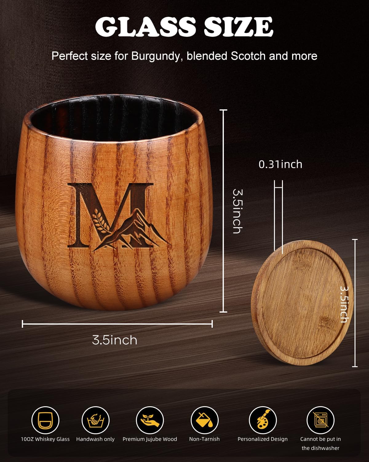 Father's Day for Gifts Wooden Whiskey Glasses Birthday Gifts for Men Personalized Bourbon Drinking Cup Gift for Him Husband dad Friend Charred Custom M Initial 40th 50th 60th 70th gift for anniversary
