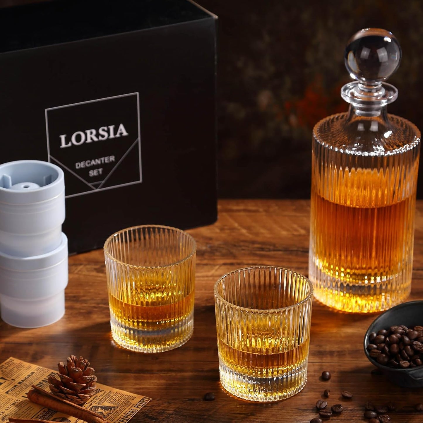 Whiskey Decanter Set with Gift Box - Includes 2 Crystal Bourbon Glasses and 2 Big Ice Ball Molds - Whiskey Glasses Set for Scotch, Cocktails, Rum, Cognac, Vodka - Unique Gift for Men