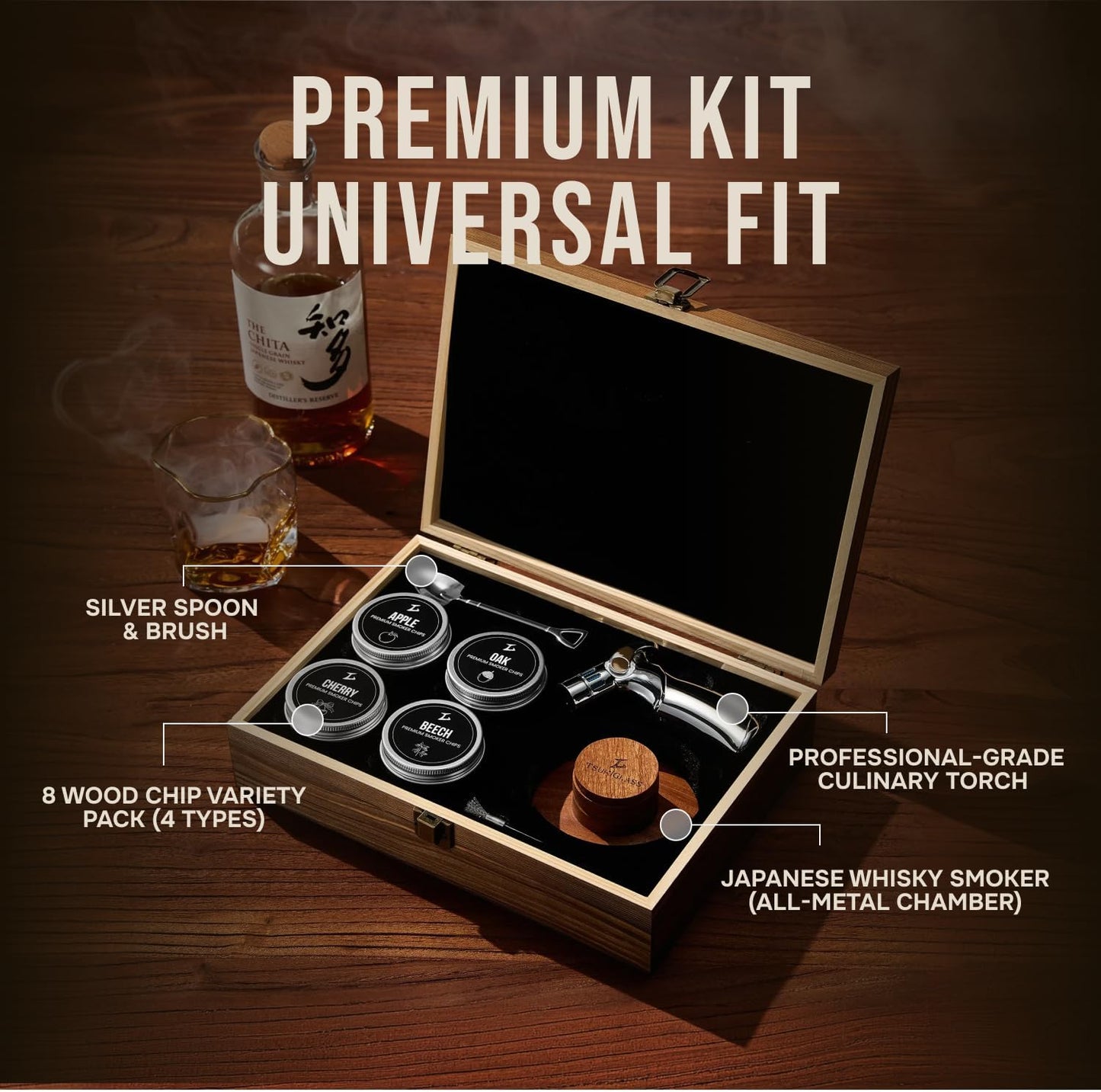 TSUKIGLASS® Premium Japanese Whisky Smoker Kit with Torch - 8 Wood Chip Flavors (200+ Drinks), Sapele Wood Top, Cocktail Infuser for Old Fashioned & Bourbon, Luxury Gift for Men, Dad (No Butane)