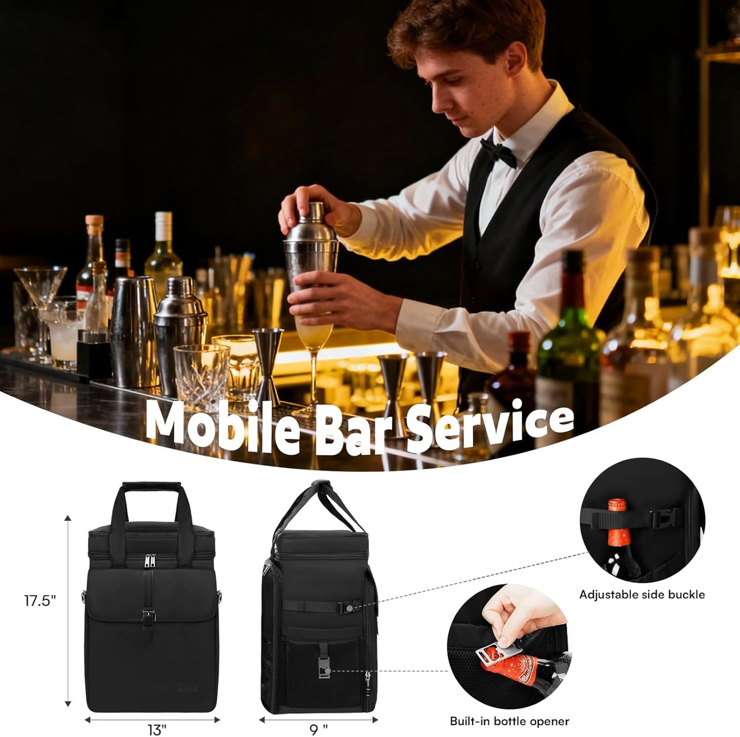 Bartender Bag, Leakproof Travel Bartender Kit Backpack for Carrying Bar Kit, Portable Bar Bag for Cocktail Shaker and 6 Wine Bottle, Professional Mixology Gift for Travel Home Party (Backpack Only)