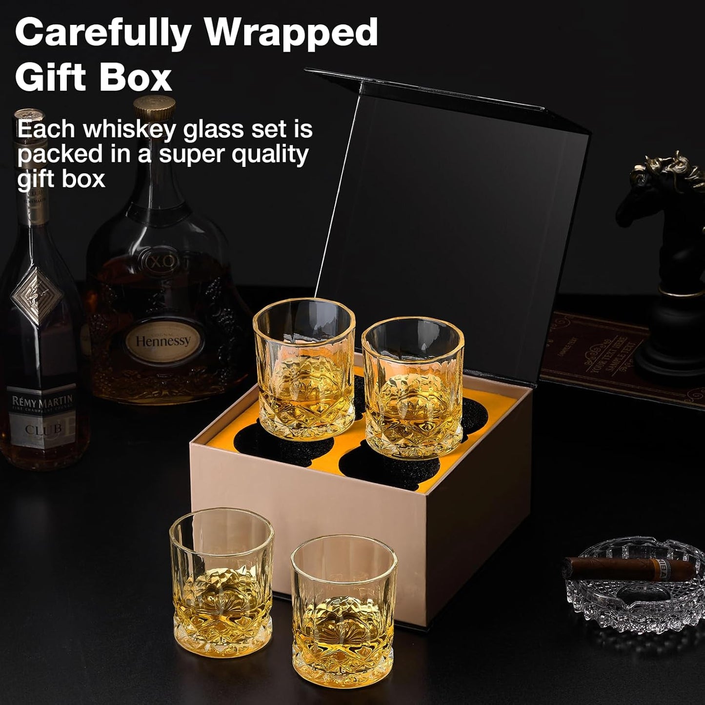 Hlukana Luxury Box Old Fashioned Whiskey Glasses Set of 4, 11 OZ Cocktail Glasses, Bourbon Rocks Scotch Glasses, Barware for Scotch Rum Vodka Liquor, Gifts for Men Father Grandfather Boss