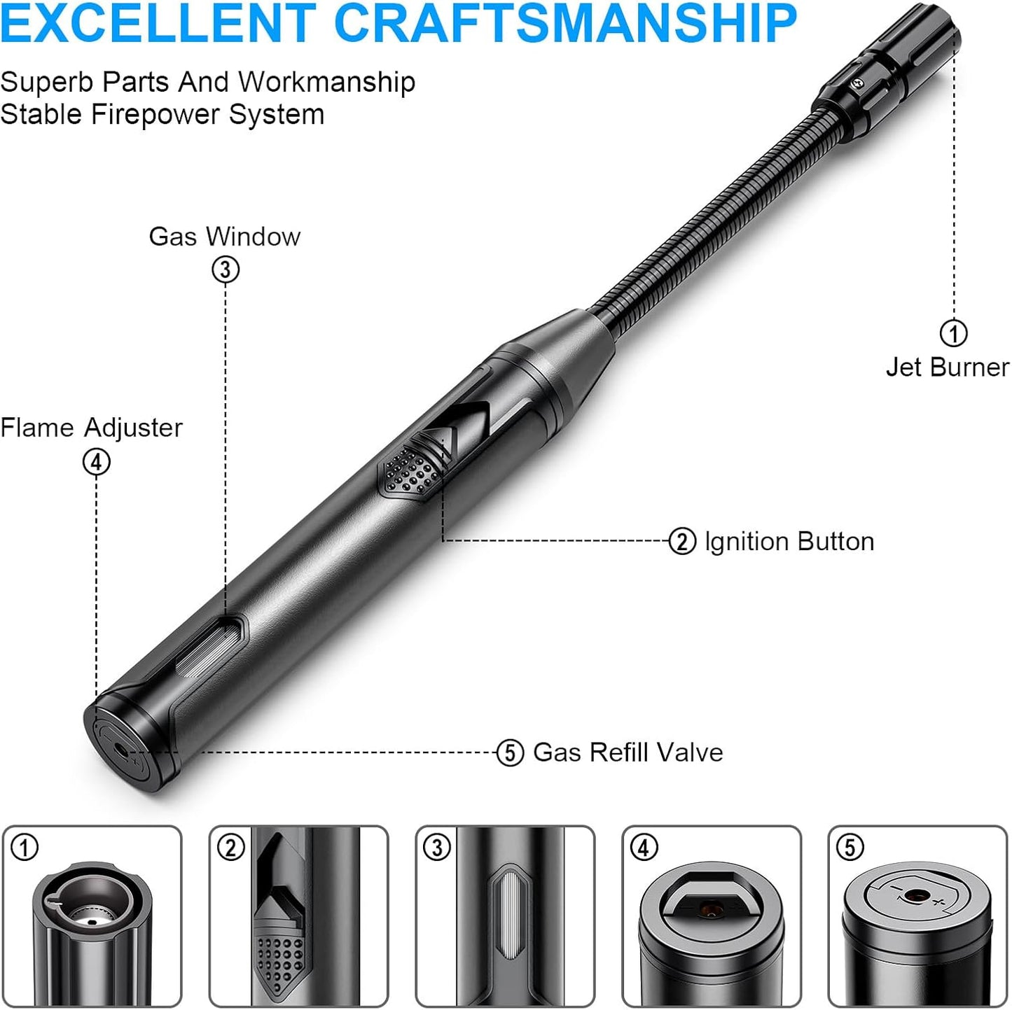 TOPKAY Torch Lighter Refillable Butane Lighter Long Flexible Neck Multipurpose Lighter for Candles Grill BBQ Fireplaces Kitchen Camping (No Prefilled)
