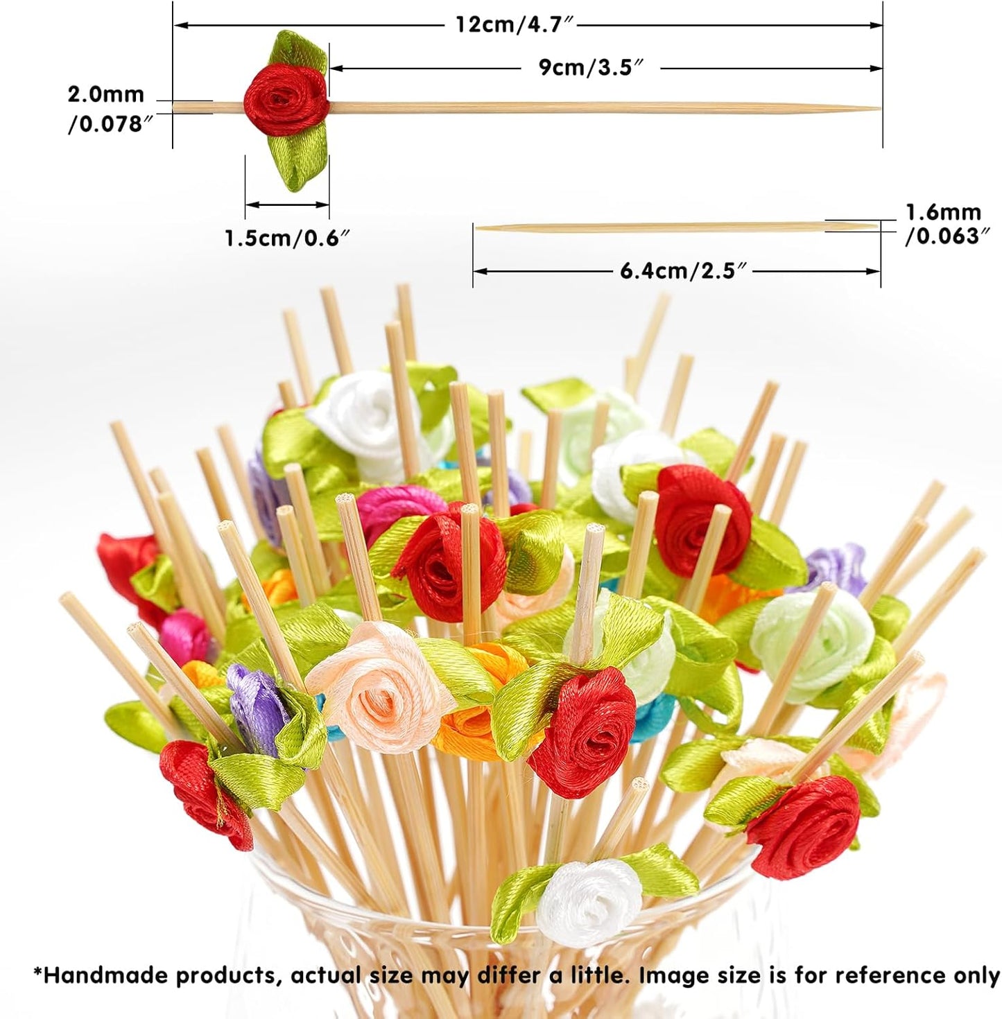 Minisland Multicolor Rose Flower Cocktail Picks, 4.7 Inch Long Bamboo Fancy Toothpicks for Appetizers, Bridal Shower Wedding Valentines Party Food Drinks Garnish Fruit Skewer Sticks 100 Counts -MSL129