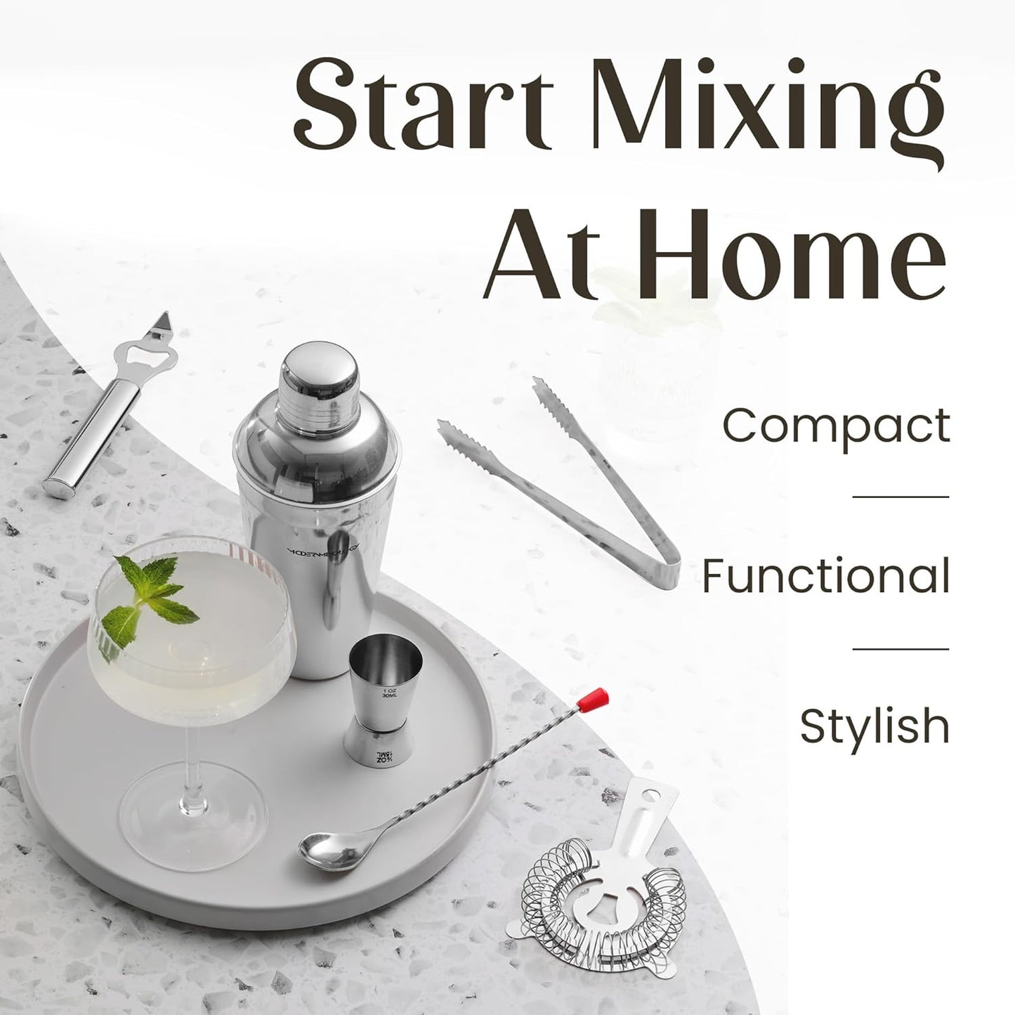 Modern Mixology Cocktail Shaker Set - Bartender Kit with Pine Stand | Leak-Proof Design | Includes Martini Shaker, Jigger, Strainer, Spoon, Tongs | Perfect Bar Tools Gift for Home Mixology (Silver)