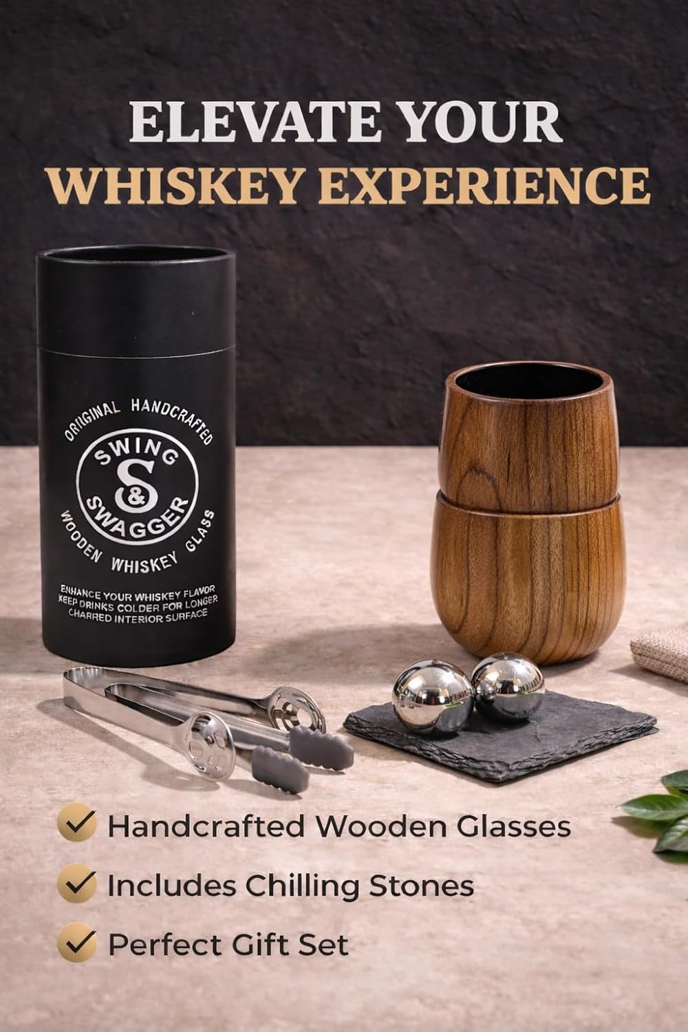 Charred Wooden Whiskey Glass Gift Set for Men (2 Pack) – Bourbon Glasses with Stainless Steel Chilling Balls, 2 Tongs & Storage Pouch – Unique Gifts for Men, Husband, Boyfriend, Whiskey Lovers