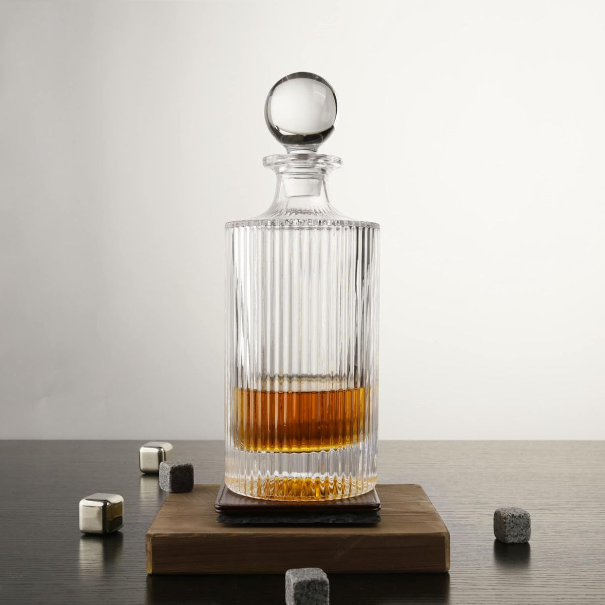 Whiskey Decanter with Glass Stopper 27 oz Round Ribbed Decanter - Ribbed