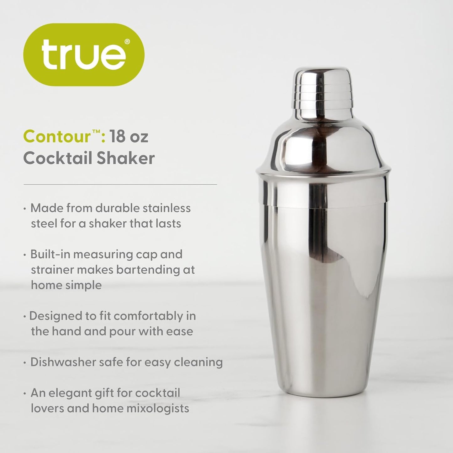 True Contour Cocktail Shaker, 18 oz Stainless Steel Cobbler Shaker With Cap And Strainer - Drink Shakers for Cocktails and Liquor