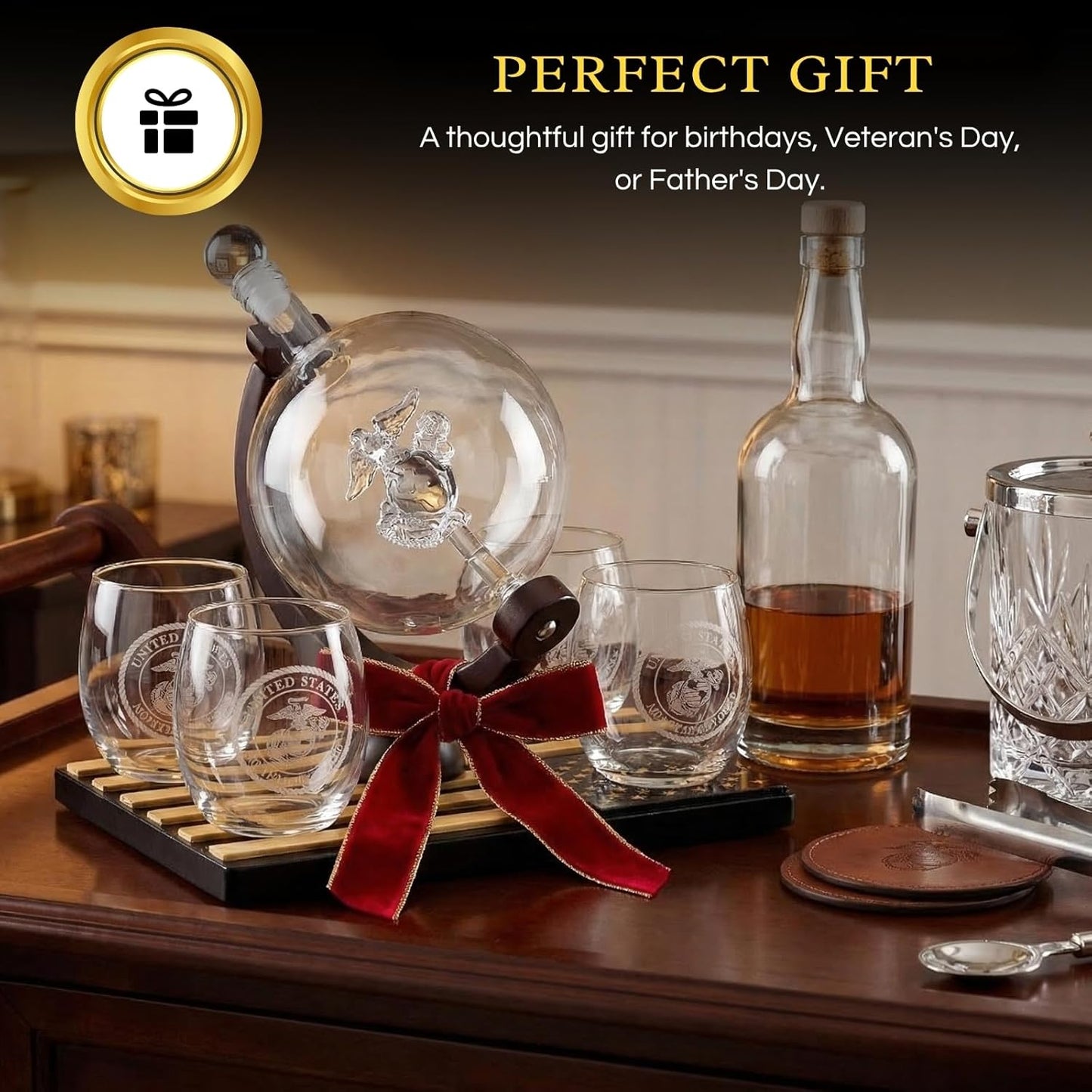 U.S. Marine Globe Whiskey Decanter Set with 4 Liquor Glasses - Wood Flag Base Marine Veteran Gift Set - Navy Gifts Men, Dad, U.S.A Flag - Bourbon & Scotch Military Gift for Father