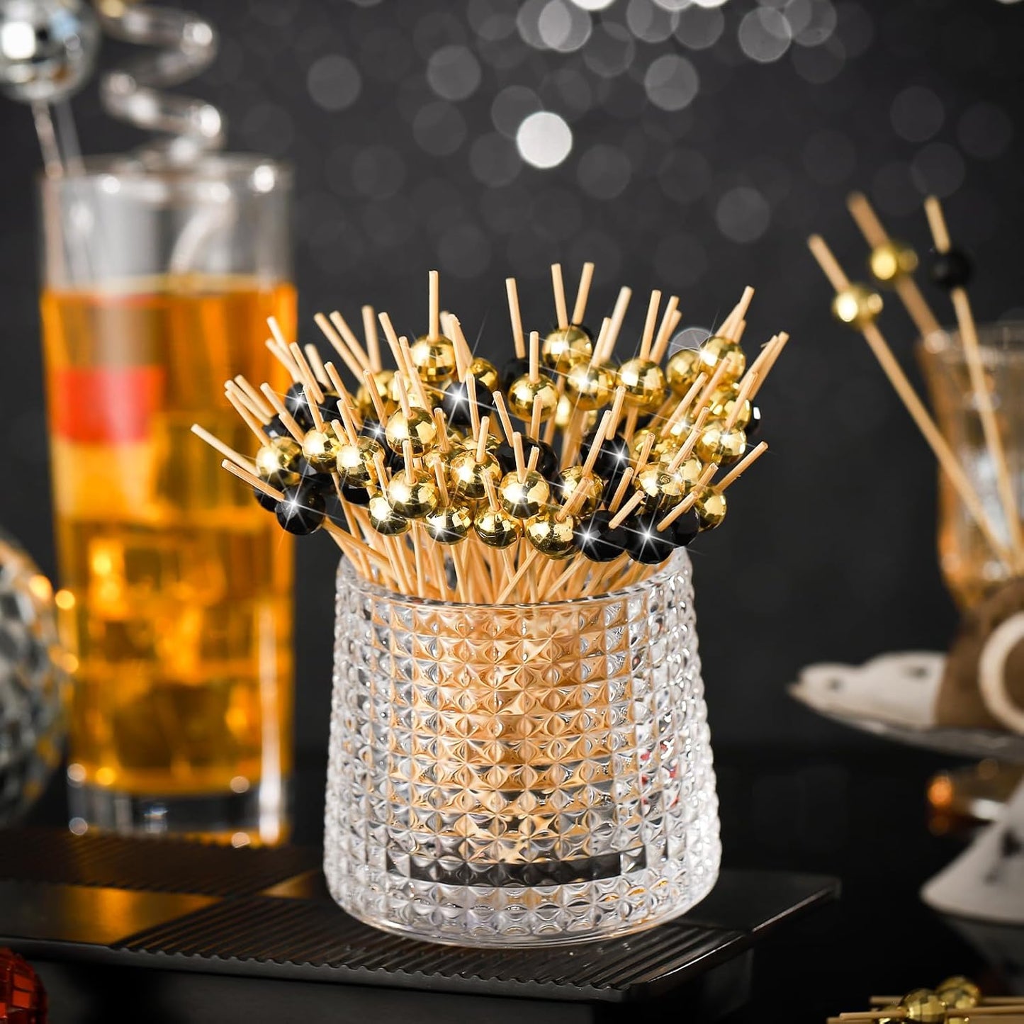 Hushee 300 Pcs Christmas Cocktail Picks Disco Ball Decorative Toothpicks for Appetizers Fancy Bamboo Skewers for Drinks Wedding Disco Party Decorations Christmas Party(Gold, Black)