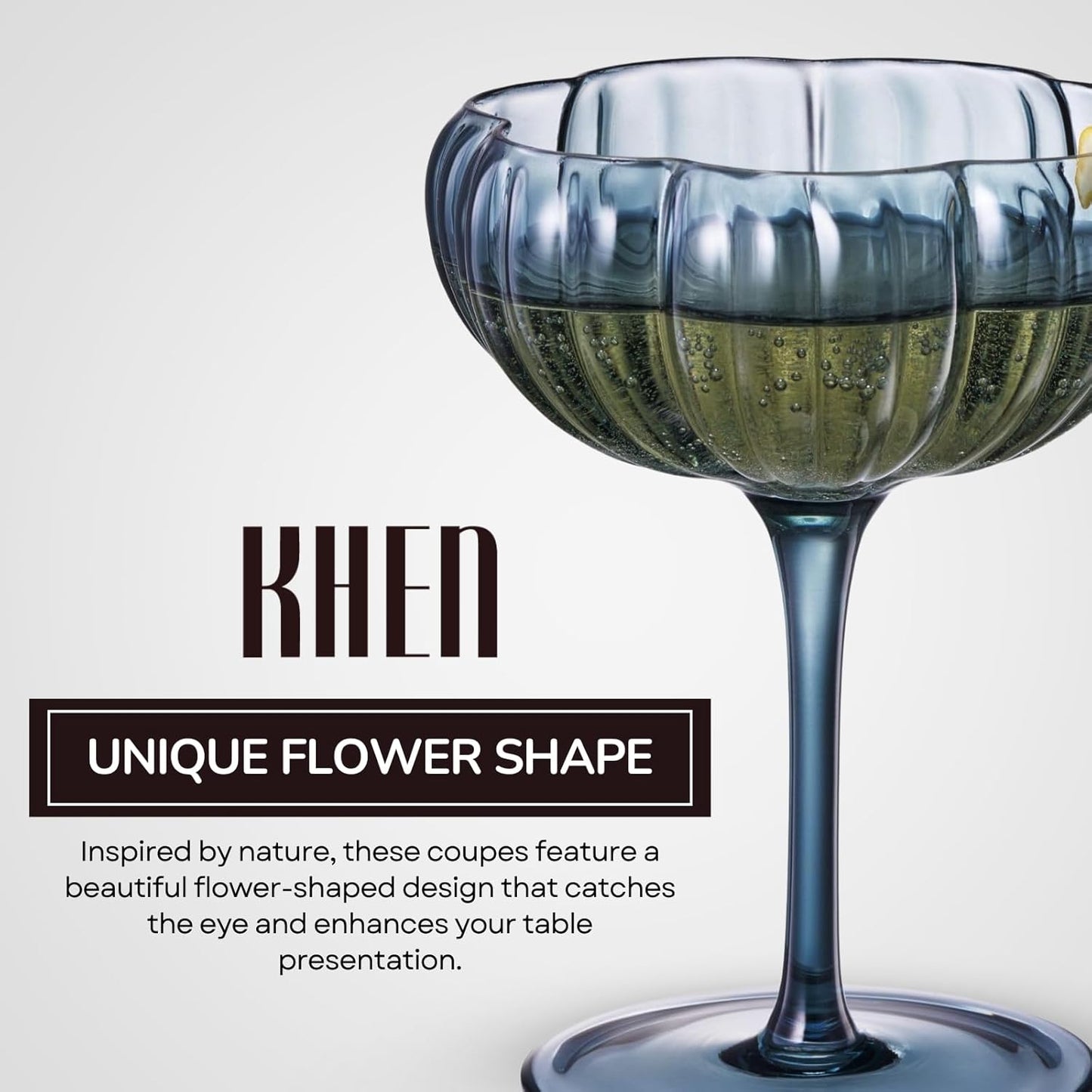 Khen Flower Modern Wavy Glass Coupes Martini, Champagne & Cocktail Coupes - Set of 6-7.7 oz Colorful Cocktail Glasses & Champagne, Prosecco, Mimosa Glassware Copyright Design - Muted Pastel Colors